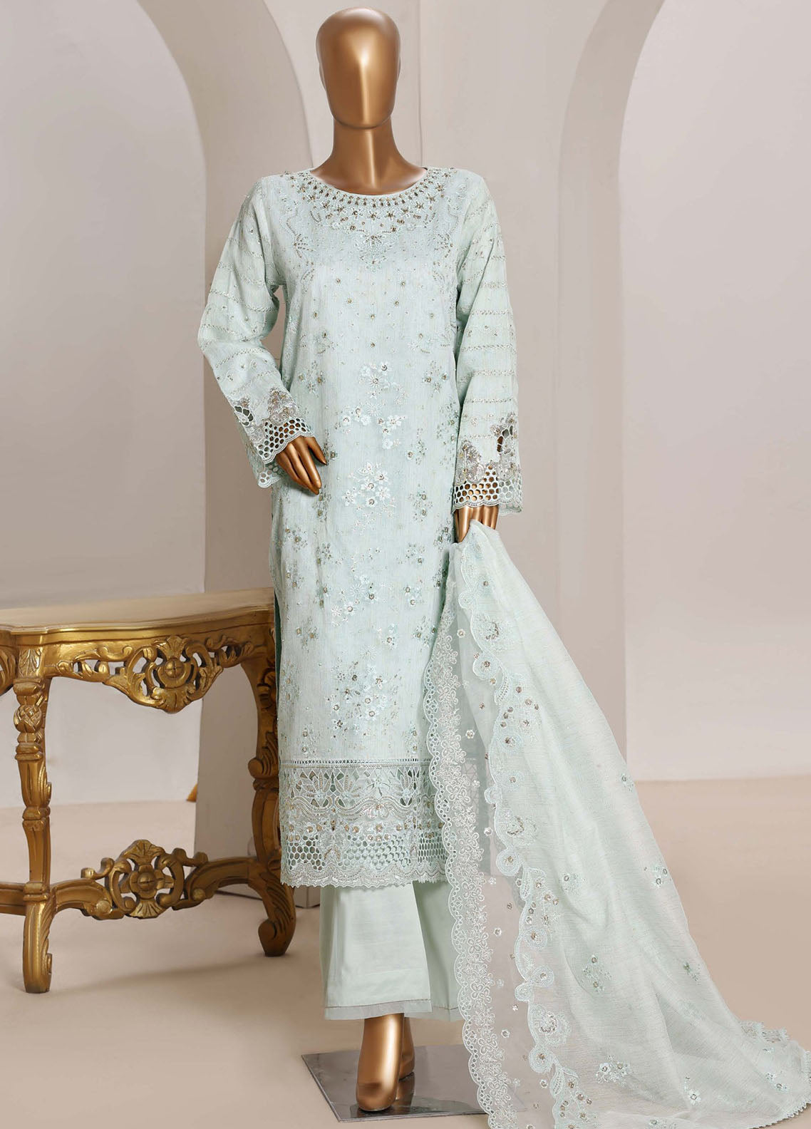 Sheer By HZ Textile Embrodered Lorex Khaadi Net 3 Piece Stitched Suit HZ26PD1 D-233-AQ