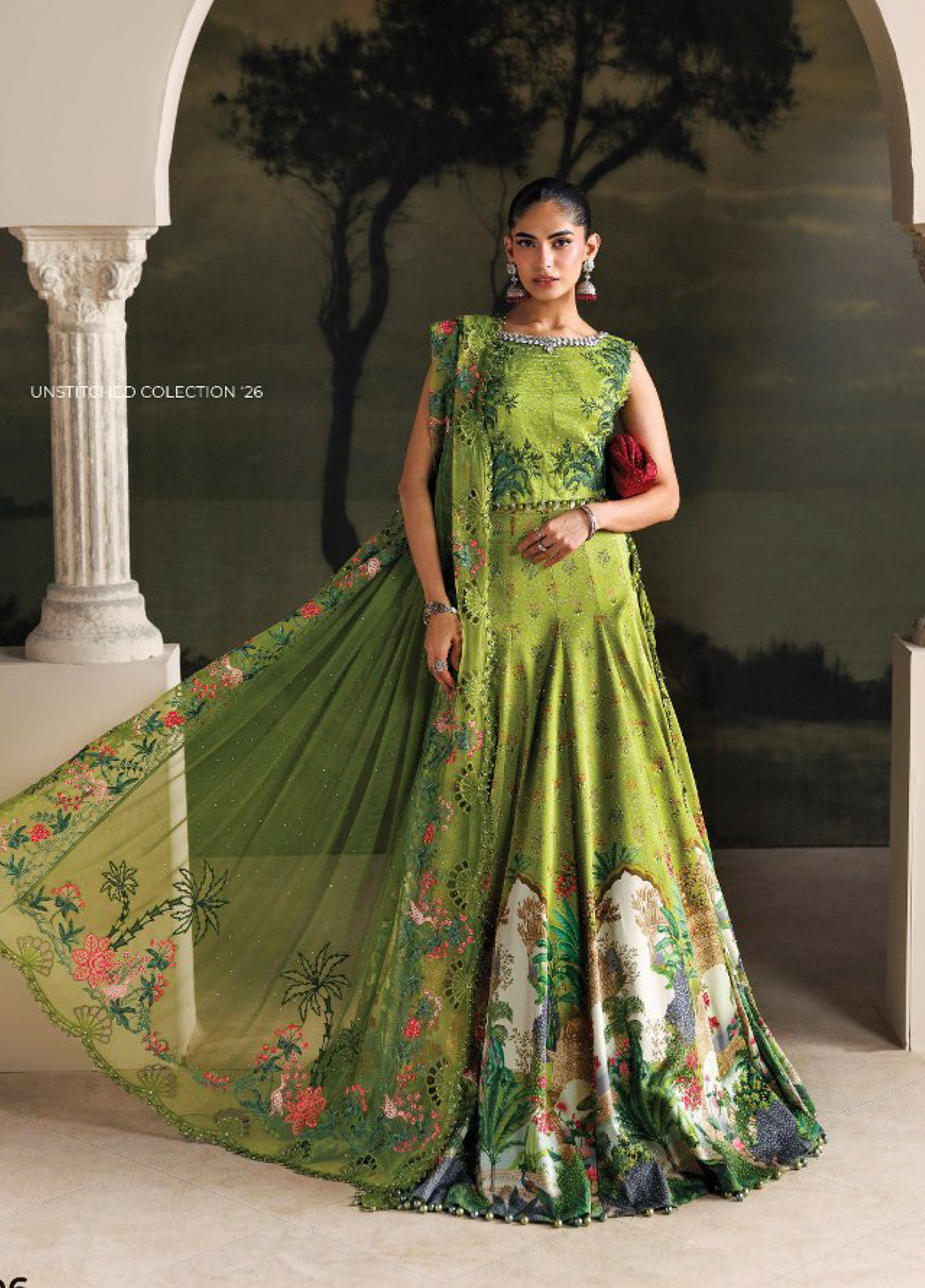 Soiree By Maria B Formals Embroidered Raw Silk 3 Piece Unstitched Dress MB26SF D-SR-06 Peridot Green - Front View