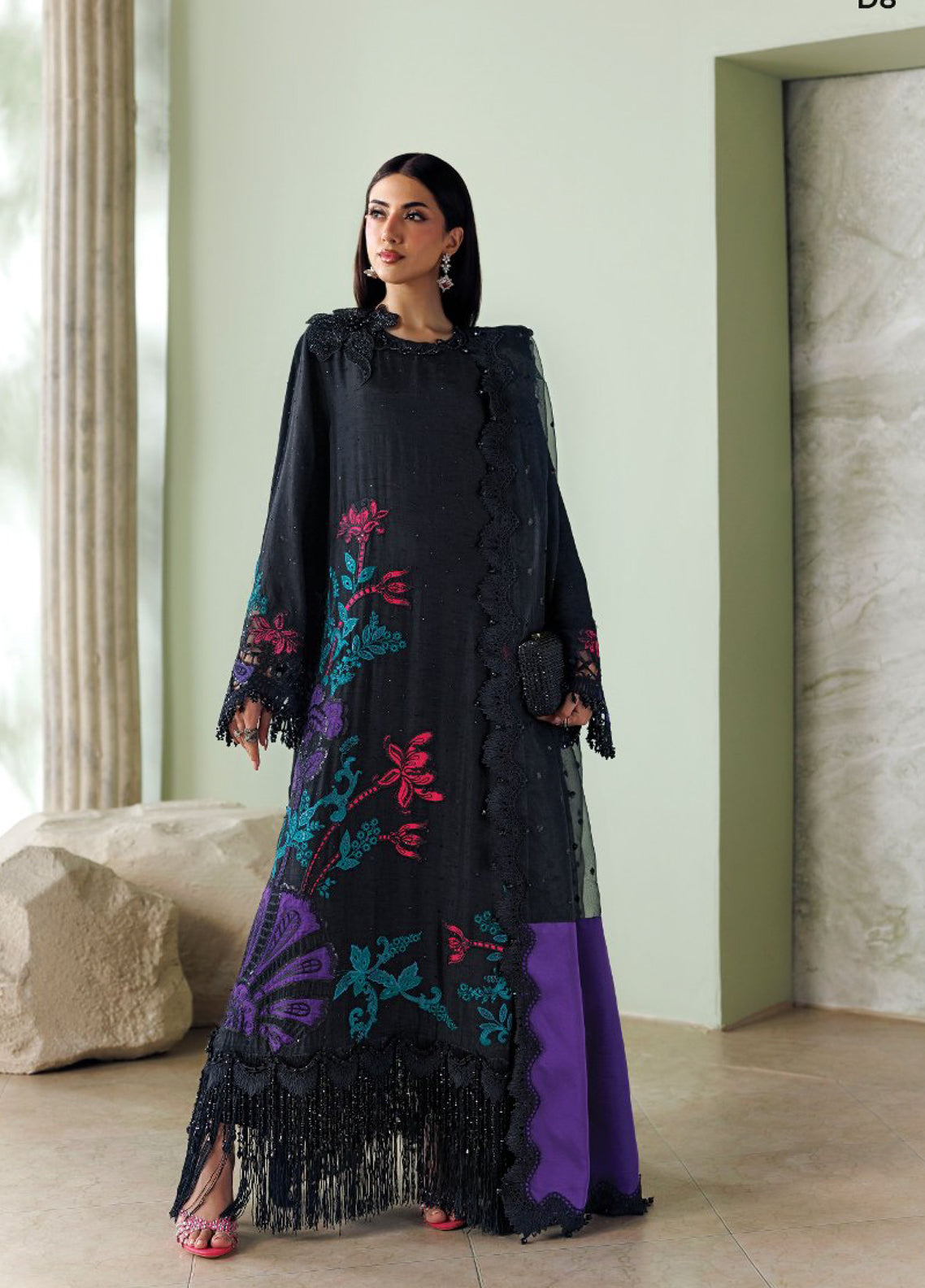 Soiree By Maria B Formals Embroidered Raw Silk 3 Piece Unstitched Dress MB26SF D-SR-08 Mid Night Noir - Front View
