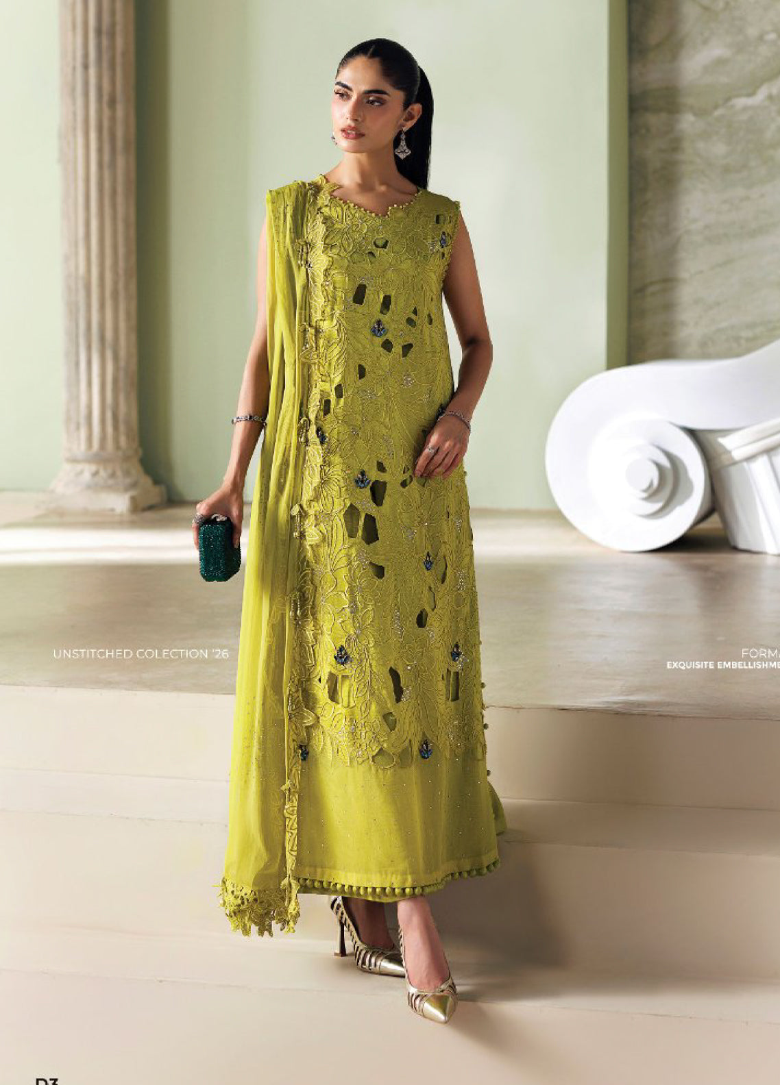 Soiree By Maria B Formals Embroidered Raw Silk 3 Piece Unstitched Suit MB26SF D-SR-03 Lime Green - Front View