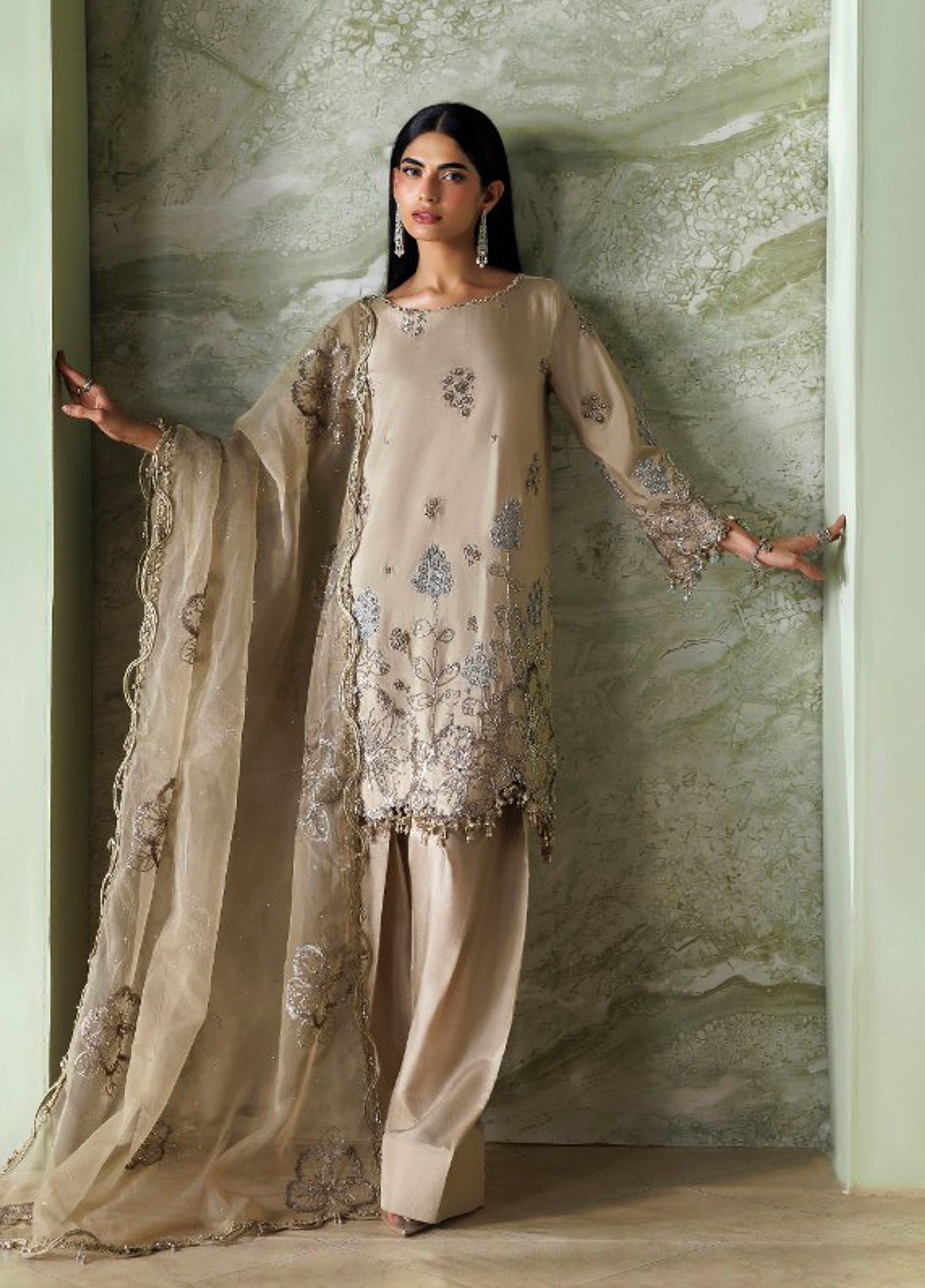 Soiree By Maria B Formals Embroidered Tussar Silk 3 Piece Unstitched Suit MB26SF D-SR-01 Champagne Beige - Front View