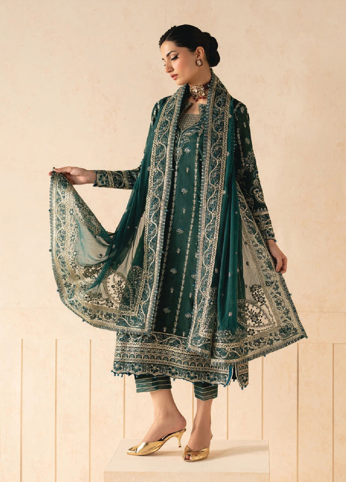 Syleena By Gulaal Embroidered Raw Silk 3 Piece Unstitched Suit GL26SRS D-SD-24 Zumara Bottle Green - Front View