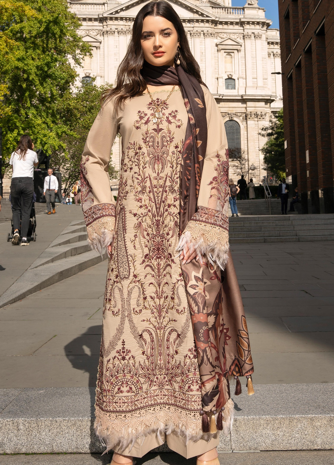 Wintry Breeze By Alzohaib Embroidered Cotton 3 Piece Unstitched Suit AZ26WBES D WB 05 Beige - Front View