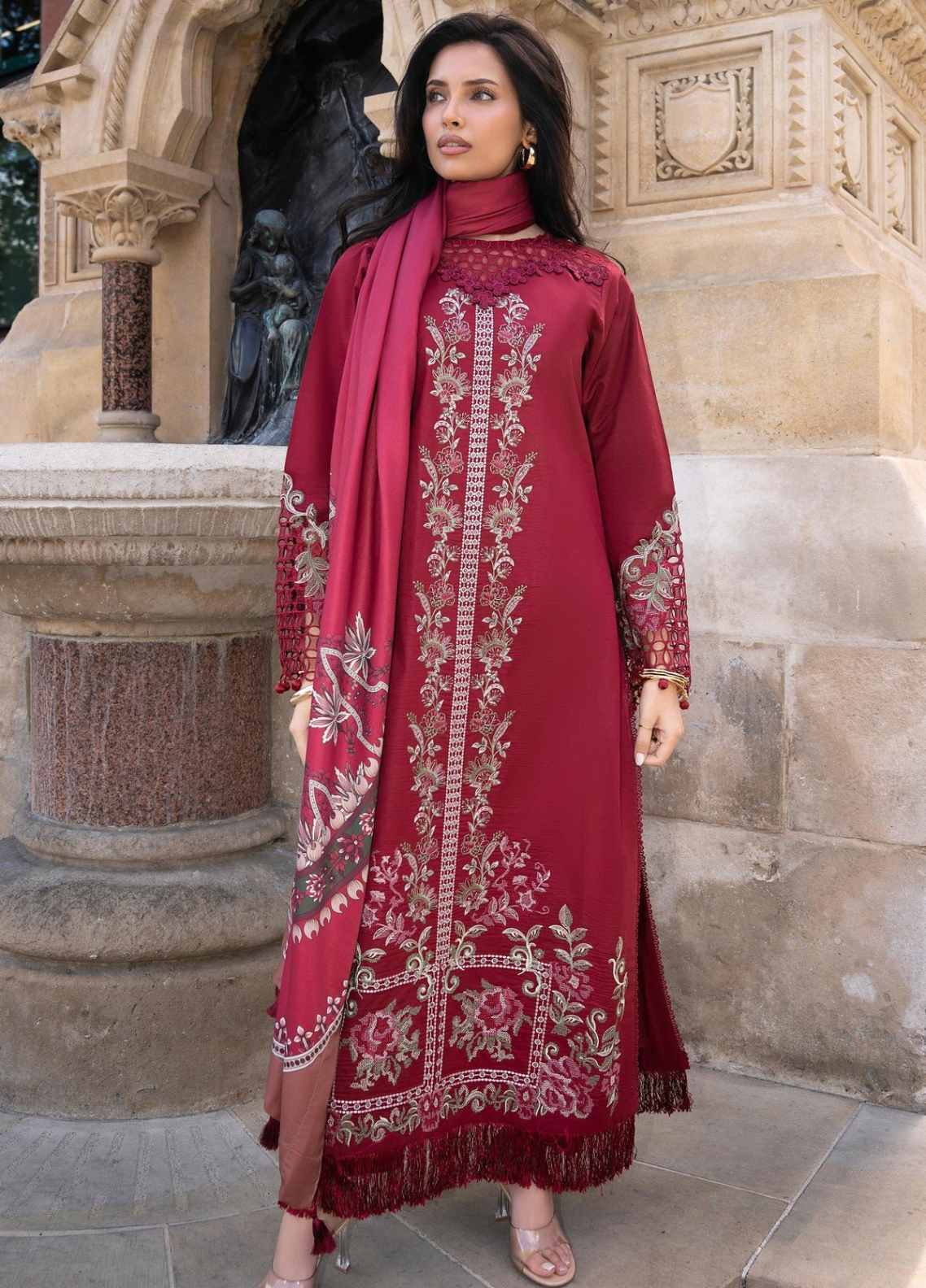 Wintry Breeze By Alzohaib Embroidered Cotton 3 Piece Unstitched Suit AZ26WBES D WB 07 Maroon - Front View