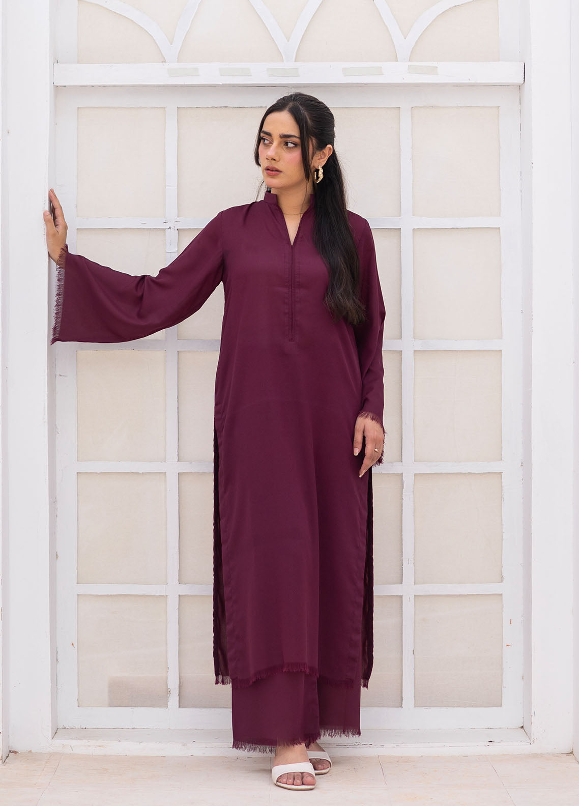 Zauk Solid Coords Plain Jorjet 2 Piece Stitched Shirt Trouser ZK26SJ D-01 BURGANDY
