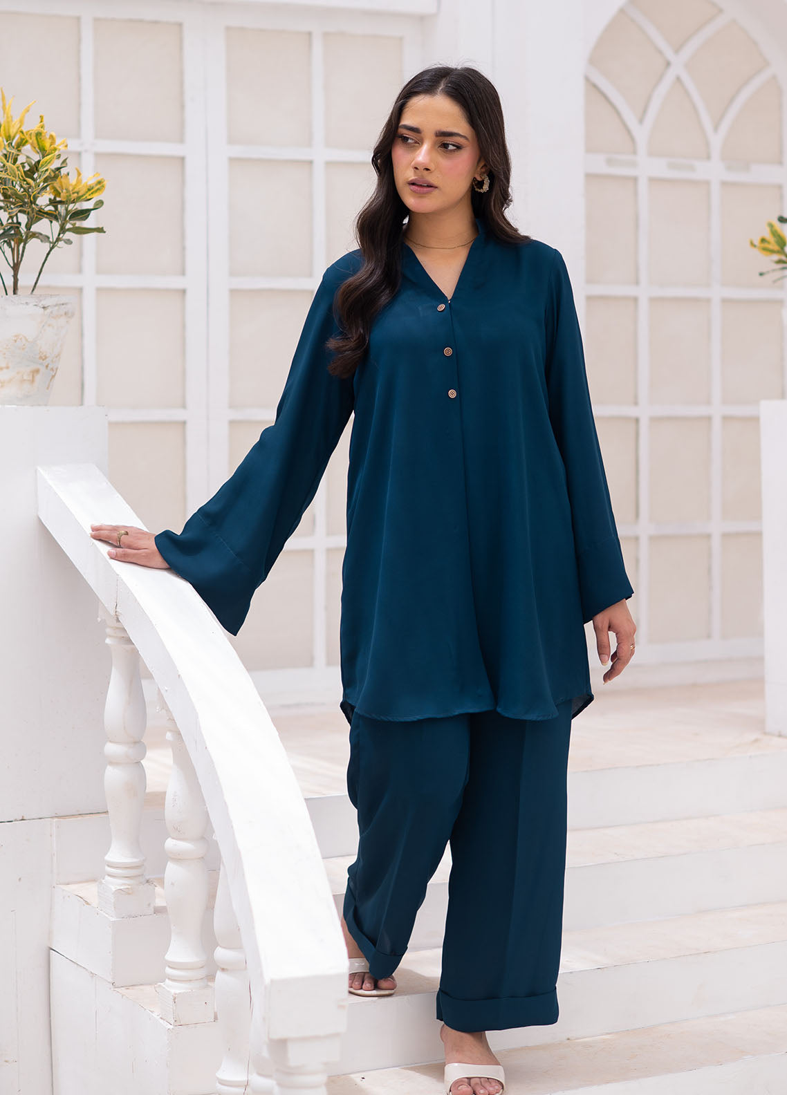 Zauk Solid Coords Plain Jorjet 2 Piece Stitched Shirt Trouser ZK26SJ D-04 TEAL BLUE