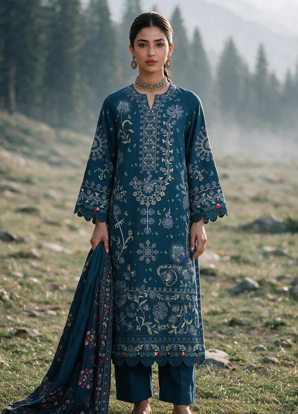 Zellbury Embroidered Khaddar 3 Piece Unstitched Dress WUWQ1E30342 Teal