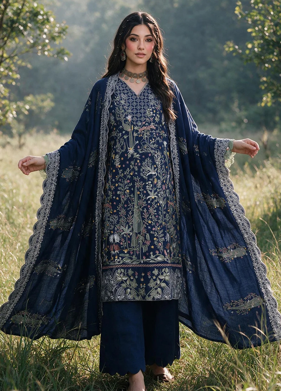 Zellbury Embroidered Khaddar 3 Piece Unstitched Dress WUWQ1E30350 Blue
