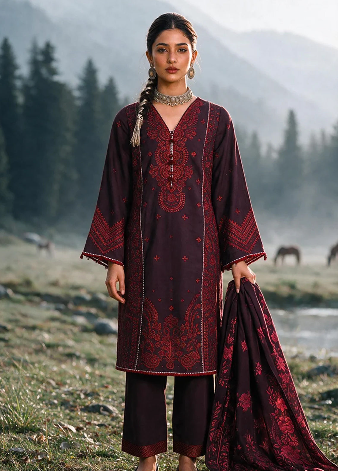 Zellbury Embroidered Khaddar 3 Piece Unstitched Suit WUWQ1E30340 Maroon