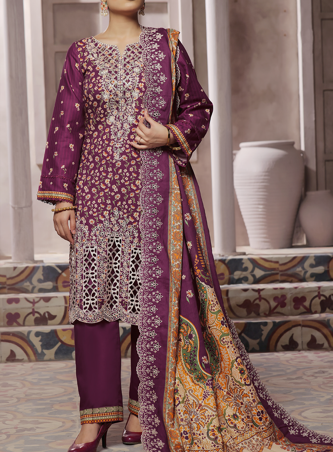 Anmol By VS Textile Embroidered Cottel 3 Piece Unstitched Suit VS24AC D-255