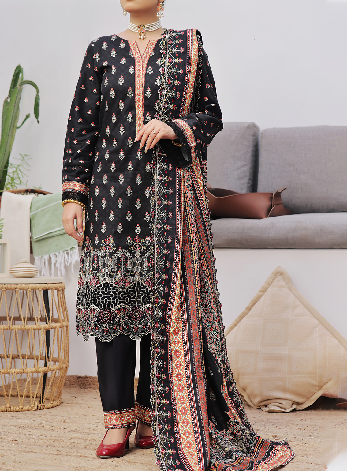 Anmol By VS Textile Embroidered Cottel 3 Piece Unstitched Suit VS24AC D-256