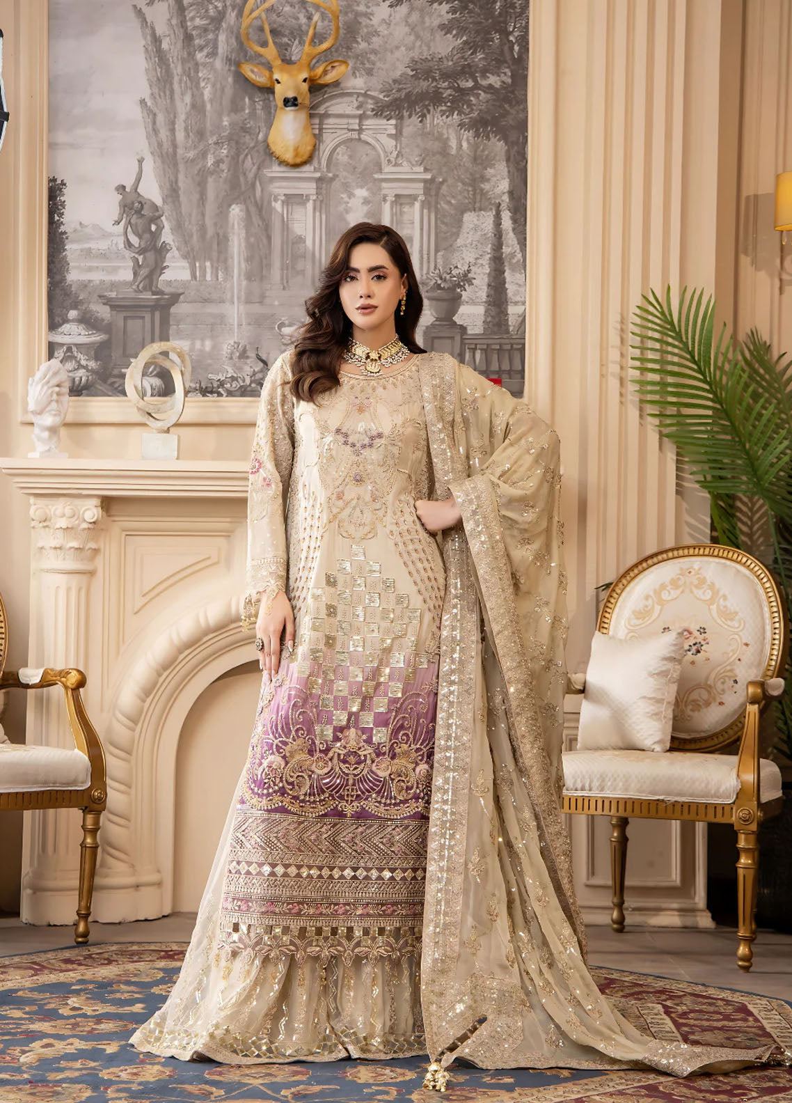 Areesha Luxury Embroidered Organza 3 Piece Unstitched Suit ARE25LC D-01 IVORY VIOLET