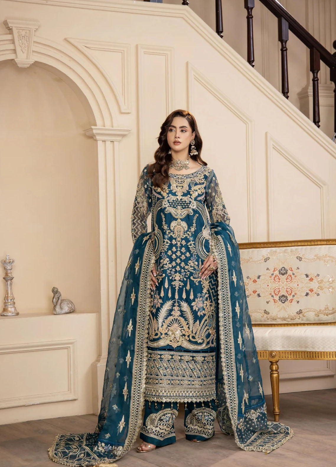 Areesha Luxury Embroidered Organza 3 Piece Unstitched Suit ARE25LC D-05 ROYAL BLUE