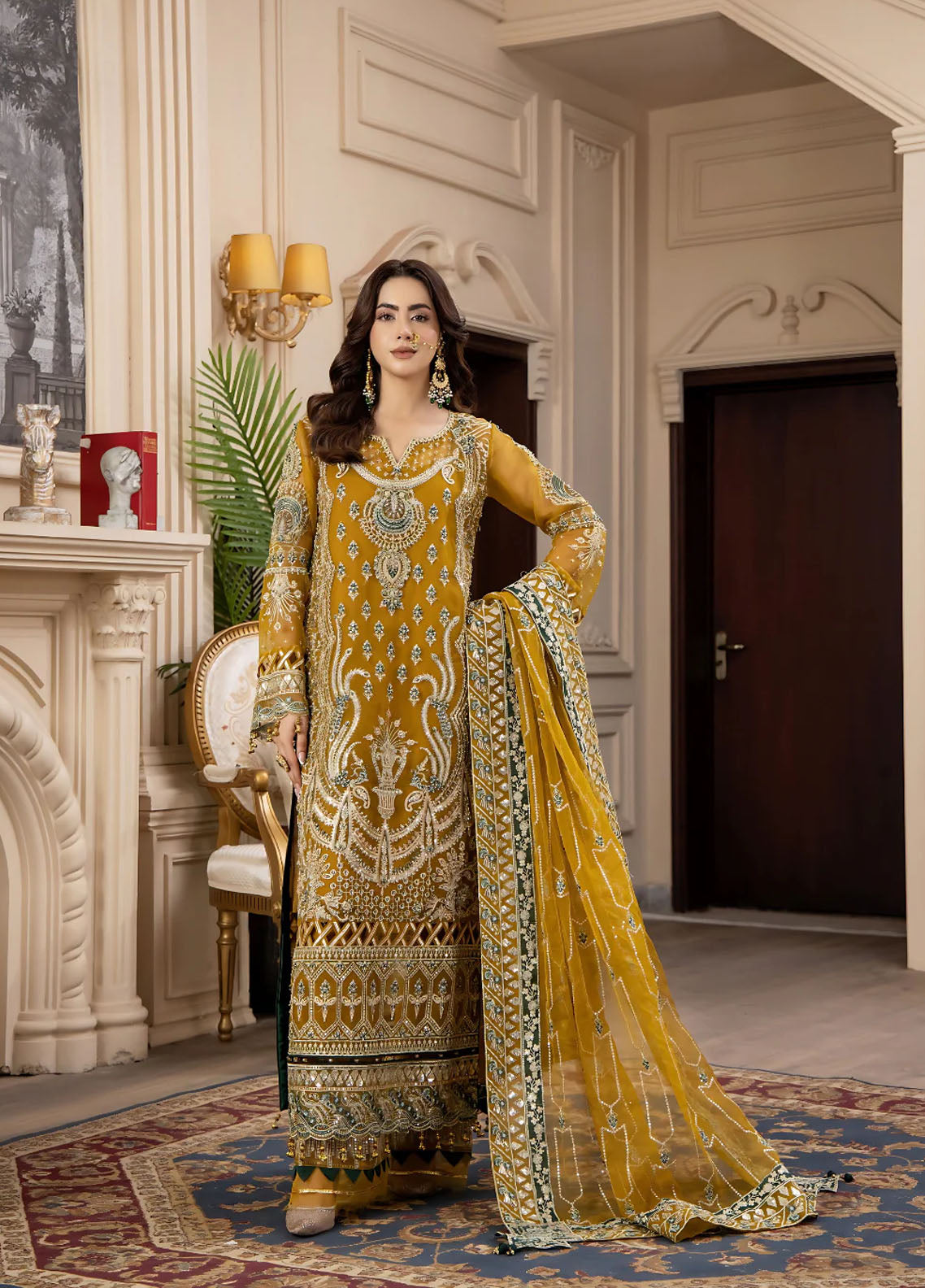Areesha Luxury Embroidered Organza 3 Piece Unstitched Suit ARE25LC D-07 MARIGOLD SPARK