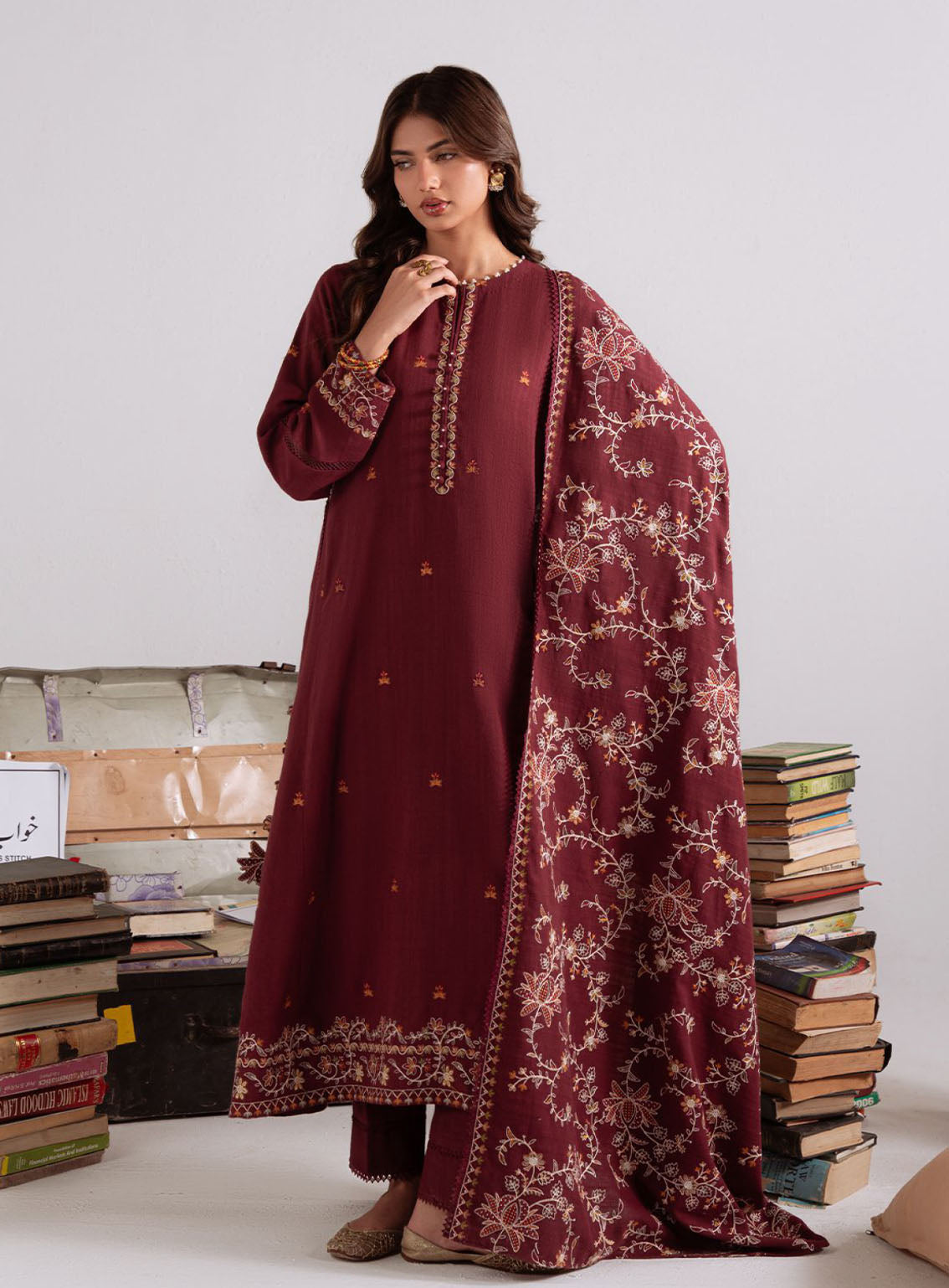 Cross Stitch Embroidered Khaddar 3 Piece Unstitched Suit CS25WKLM D-03 WOVEN ELEGANCE