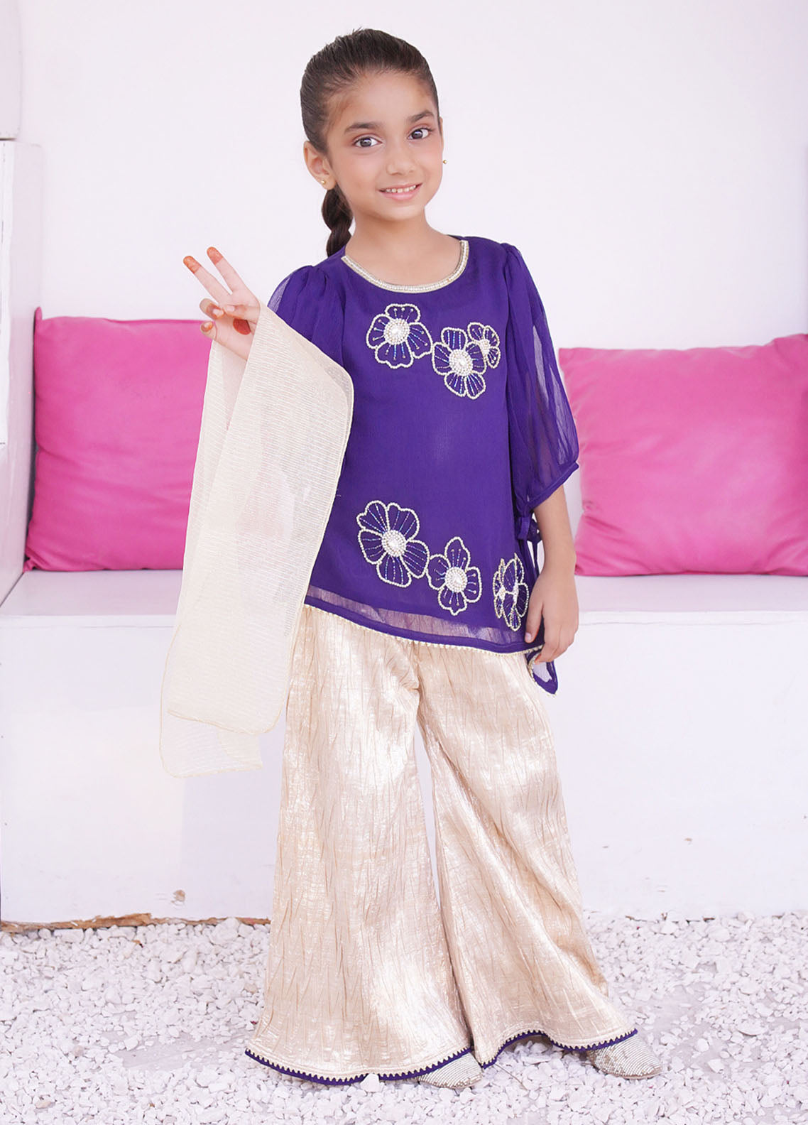 Eemans Fashion Fancy Chiffon Stitched Suit EEF25K&G D-737-N&BL