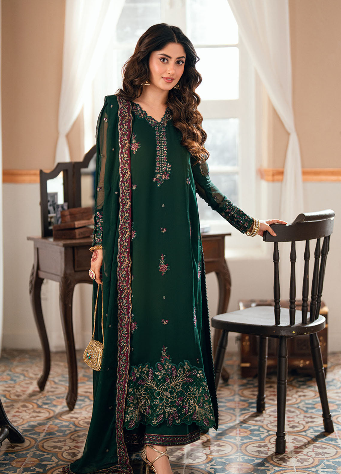 Eid Ensembles By Azure Embroidered Chiffon 4 Piece Unstitched Suit AZU26EE D-GLIMMER GREEN