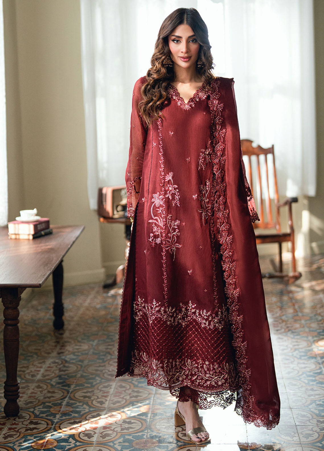 Eid Ensembles By Azure Embroidered Khaddi Net 4 Piece Unstitched Suit AZU26EE D-HIBISCUS