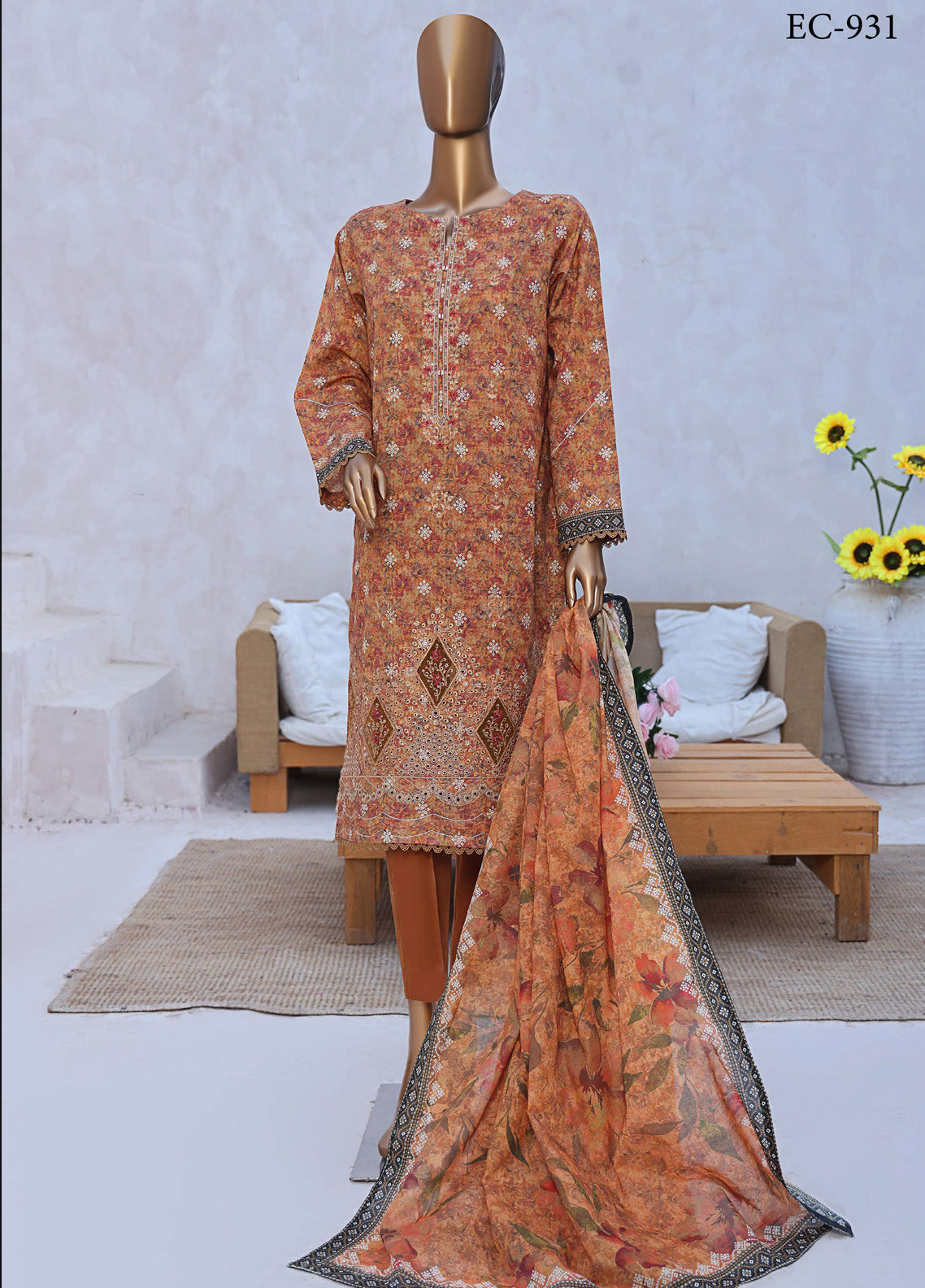 Elegant By HZ Textile Embroidered Lawn 3 Piece Unstitched Suit HZ25EE EC-931