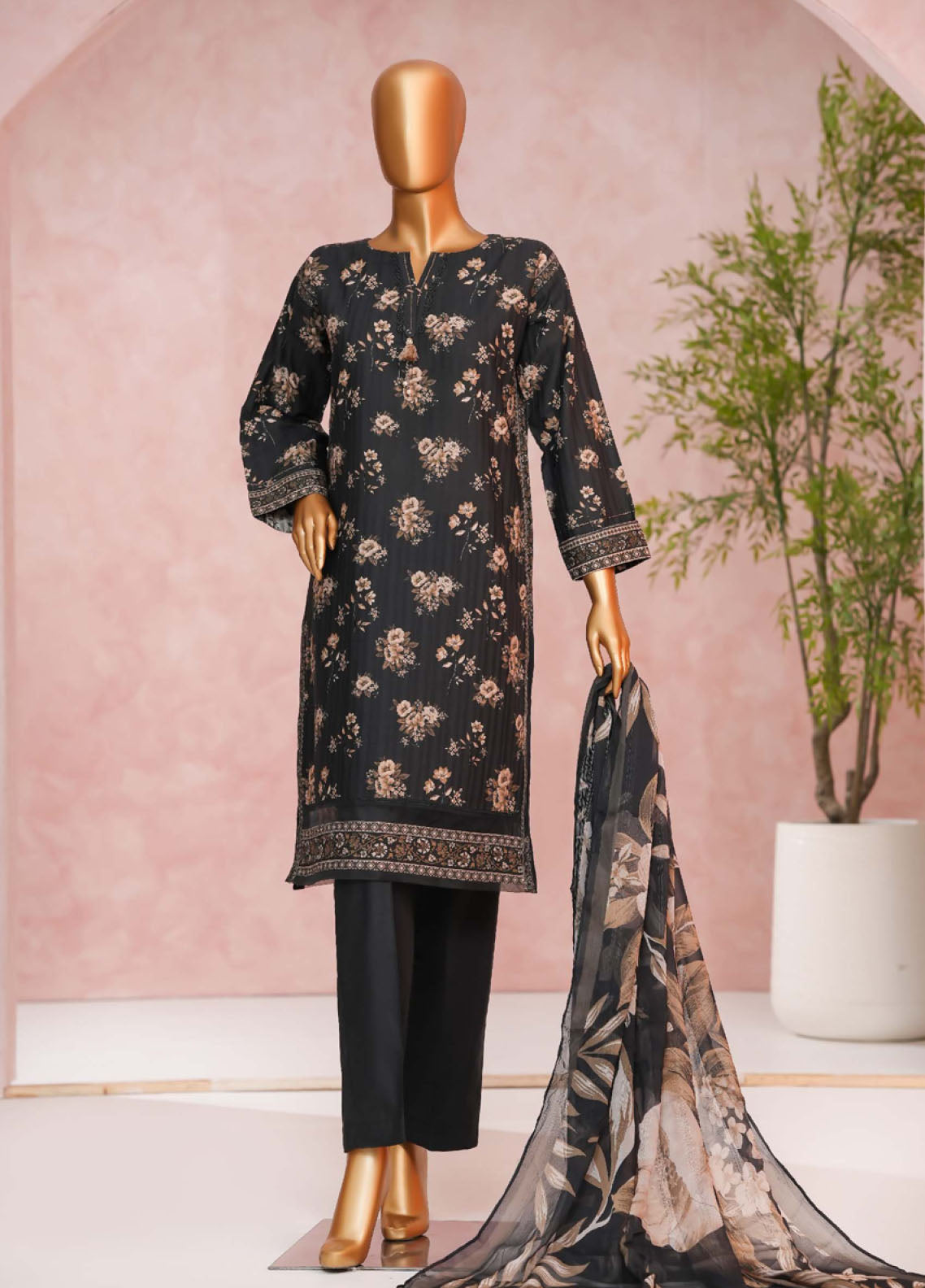 Enchant Linnokara Prints By HZ Textile Printed Lawn 3 Piece Stitched Suit HZ25ELP PLK-546 GOLDEN BLACK