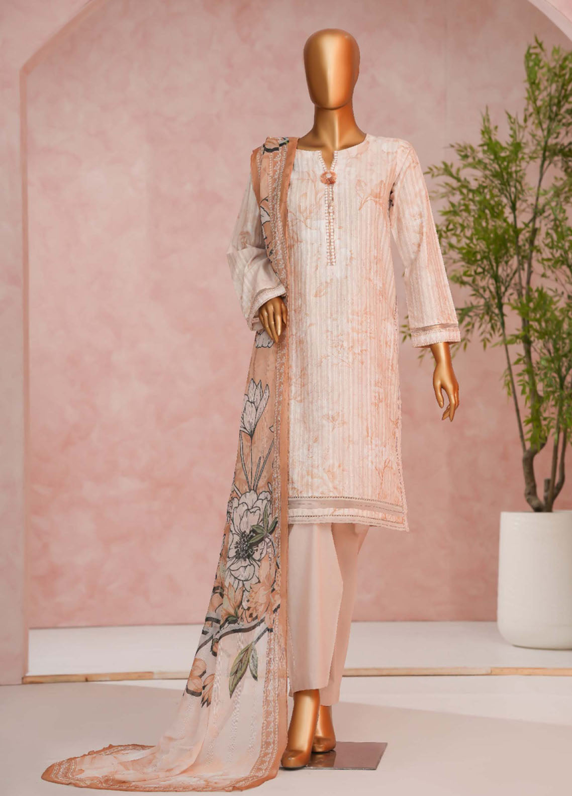 Enchant Linnokara Prints By HZ Textile Printed Lawn 3 Piece Stitched Suit HZ25ELP PLK-551 SAND CARNATION