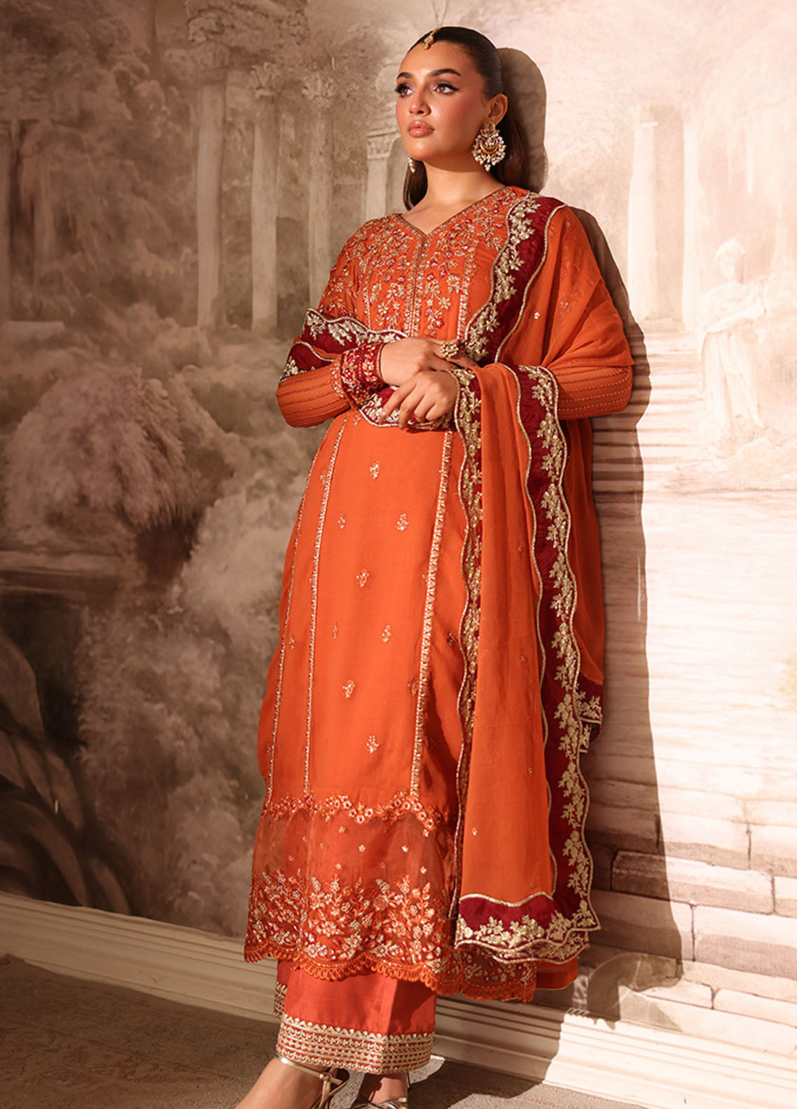 Ensembles By Azure Festive Embroidered Chiffon 3 Piece Unstitched Suit AZU25EFE D-AMBER RUST
