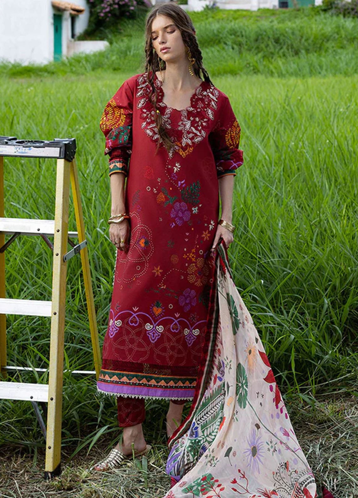 Hemline Mirasol By Mushq Printed Cambric 3 Piece Unstitched Suit MQ25HLMPC D-1B AMBER BOSQUE