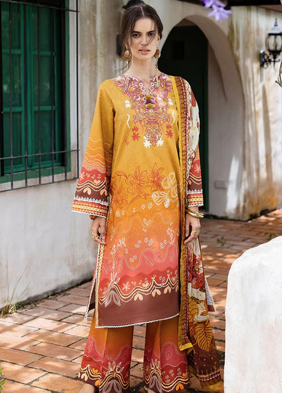 Hemline Mirasol By Mushq Printed Cambric 3 Piece Unstitched Suit MQ25HLMPC D-3A DESIERTO SOL