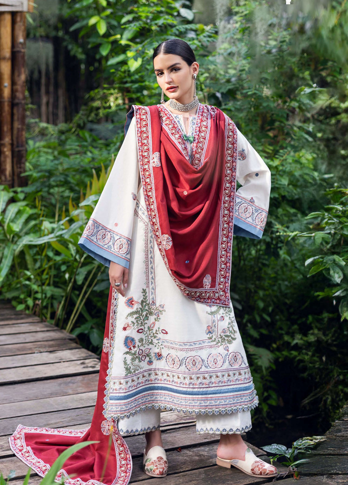 Hemline Symphony By Mushq Embroidered Karandi 3 Piece Unstitched Suit MQ25HLSK D-01 COPER BLAZE