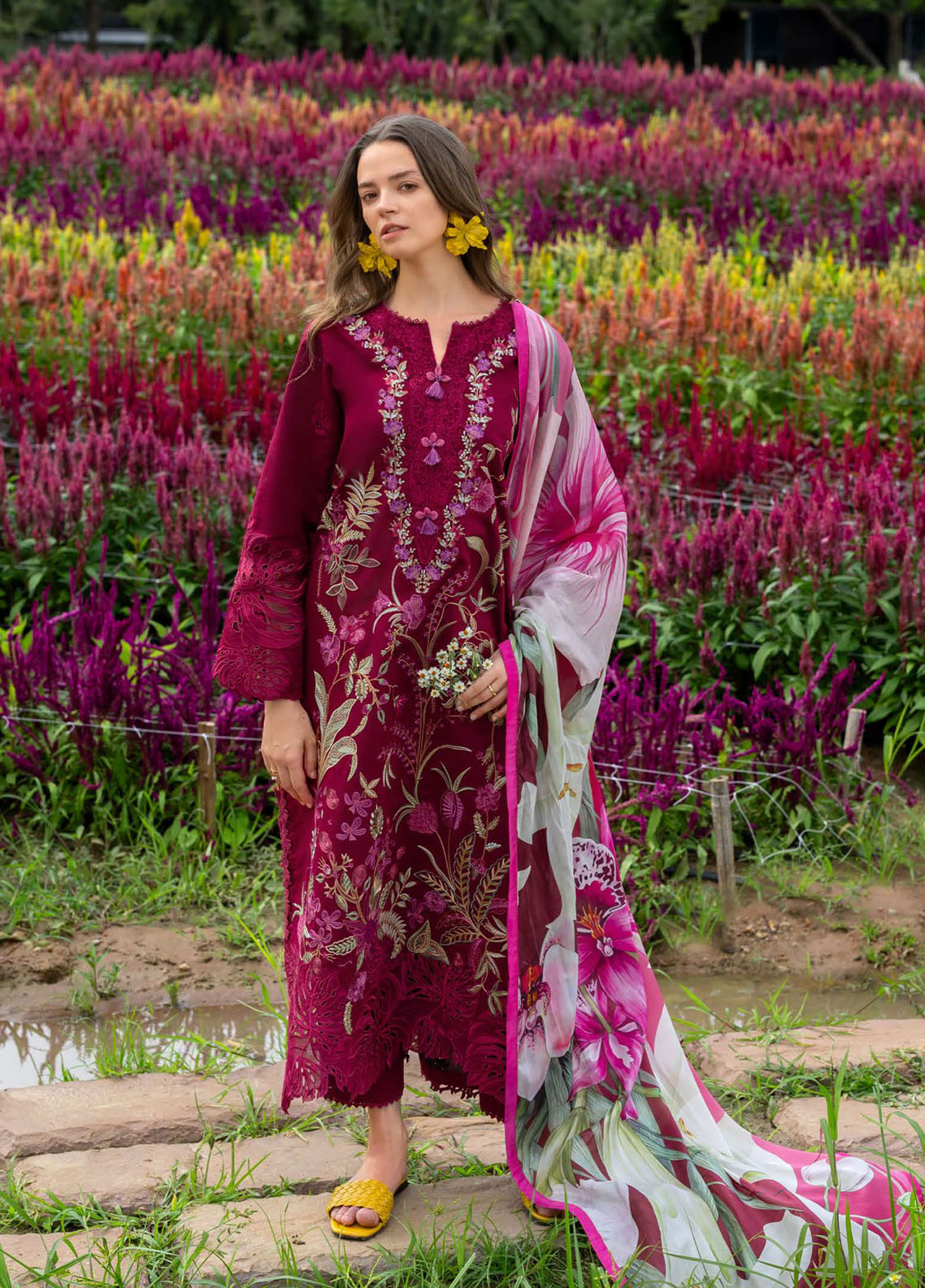 Hemline The Secret Garden By Mushq Embroidered Lawn 3 Piece Unstitched Suit MQ26HLTSG D-14B AURORA PETALS