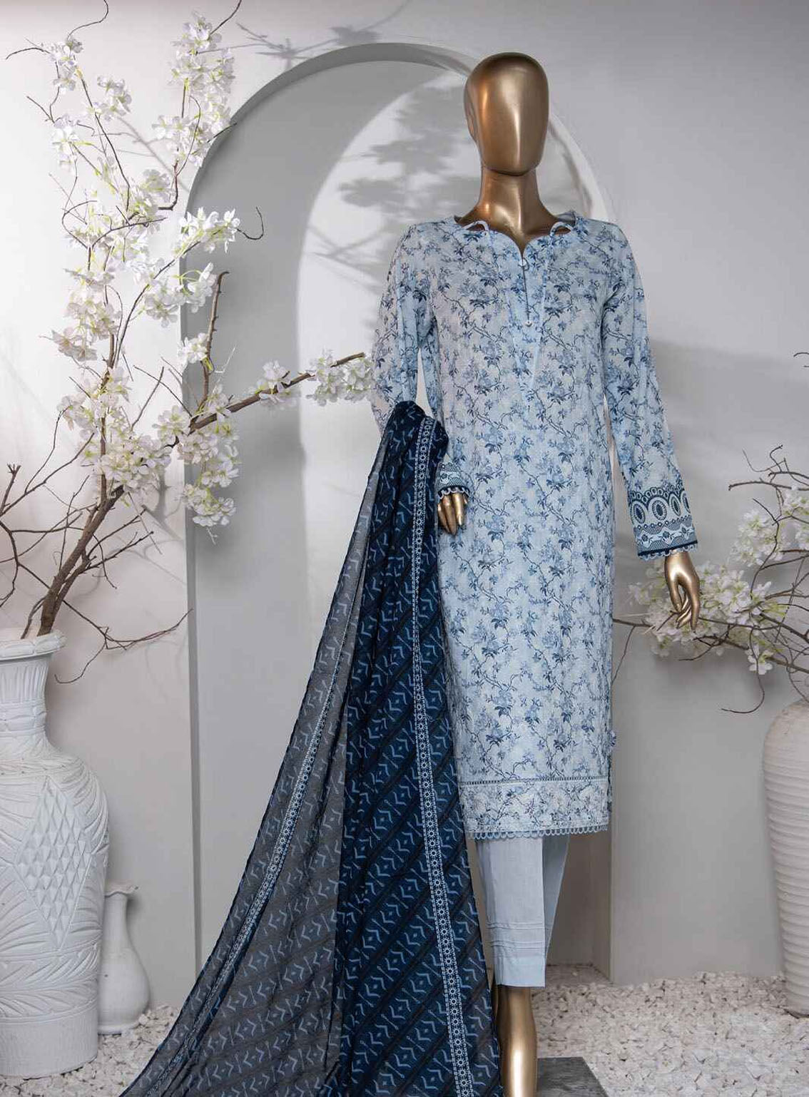 HZ Premium Dhagakari Embroidered Lawn 3 Piece Unstitched Suit HZ24PD D-799