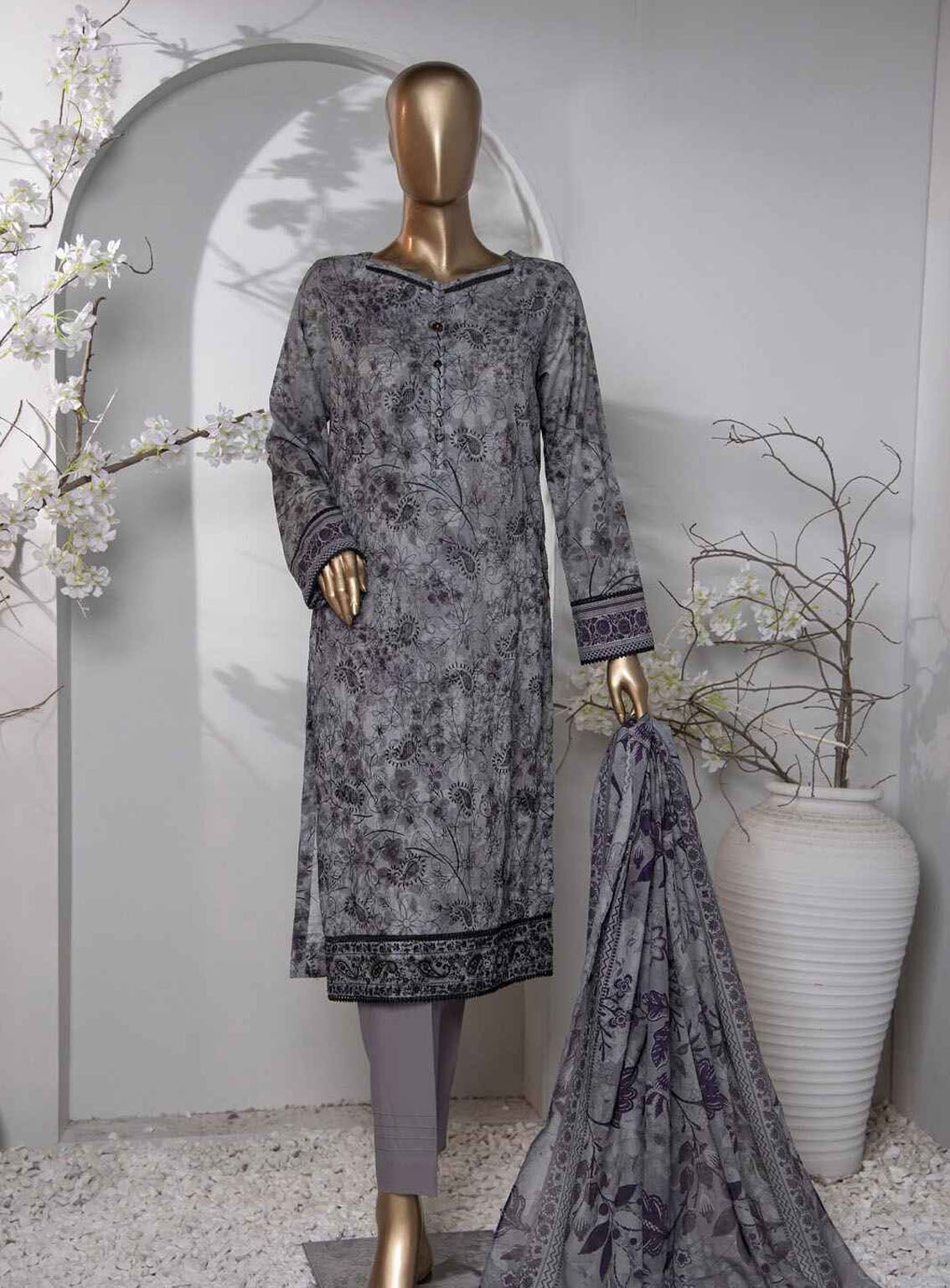 HZ Premium Dhagakari Embroidered Lawn 3 Piece Unstitched Suit HZ24PD D-801