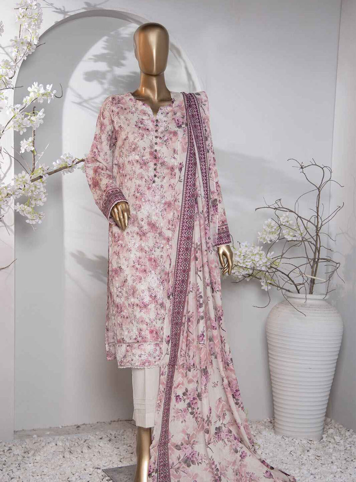 HZ Premium Dhagakari Embroidered Lawn 3 Piece Unstitched Suit HZ24PD D-807