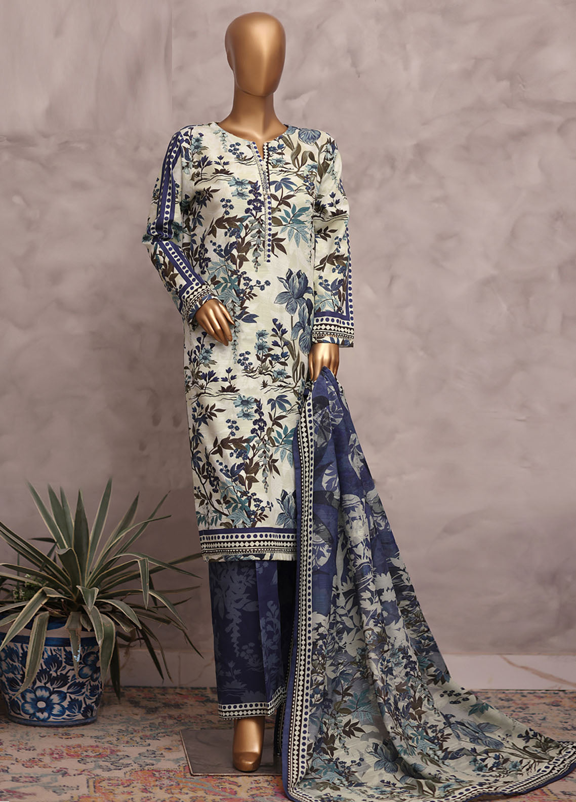HZ Textile Printed Khaddar 3 Piece Stitched Suit HZ25KPV2 D-2570 CYAN VINTAGE