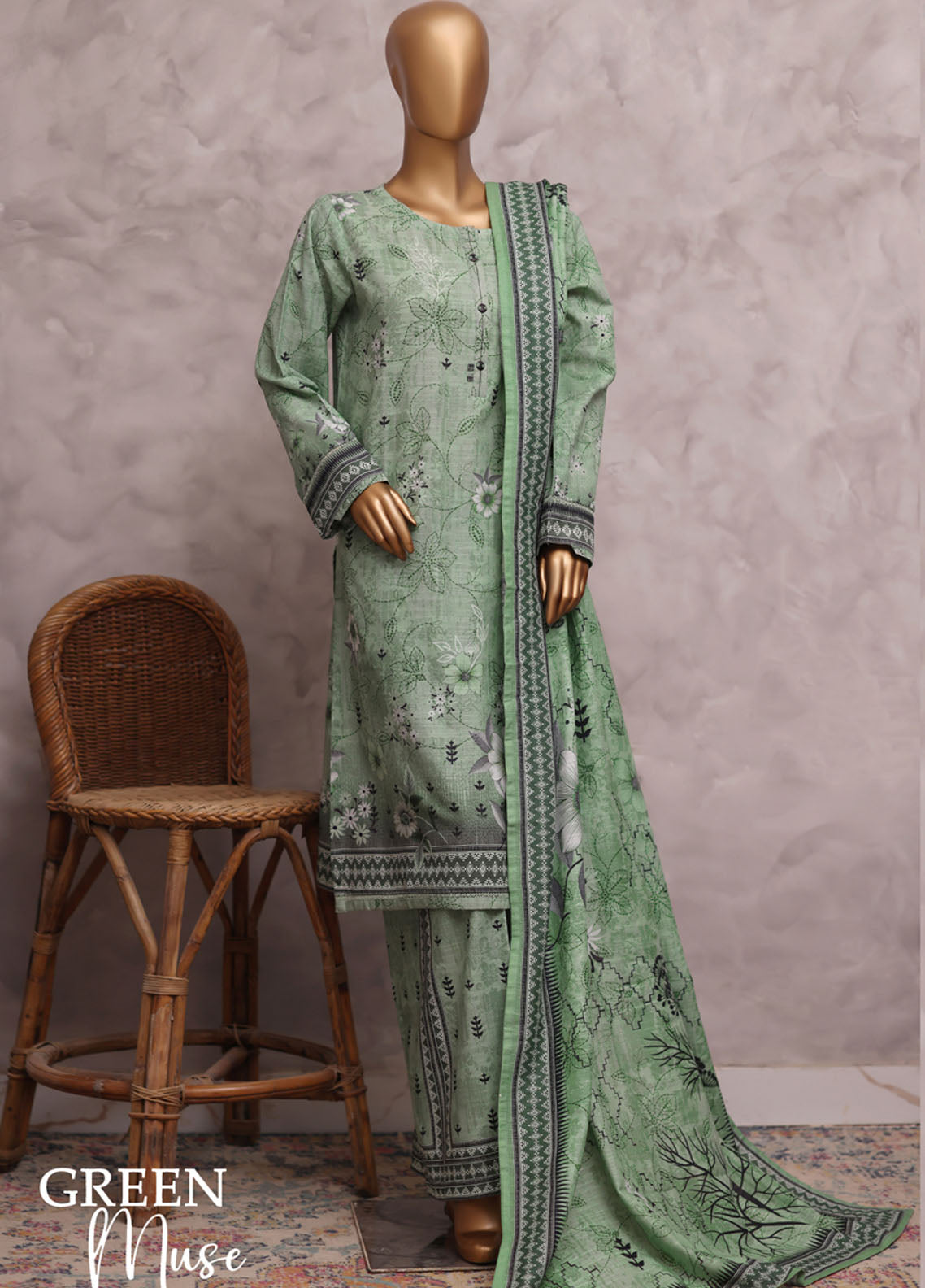 HZ Textile Printed Khaddar 3 Piece Stitched Suit HZ25KPV2 D-2572 GREEN MUSE