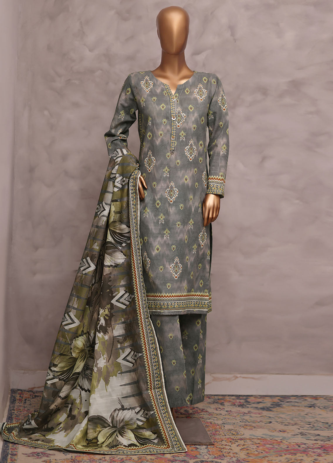 HZ Textile Printed Khaddar 3 Piece Stitched Suit HZ25KPV2 D-2579 GREY IKAT
