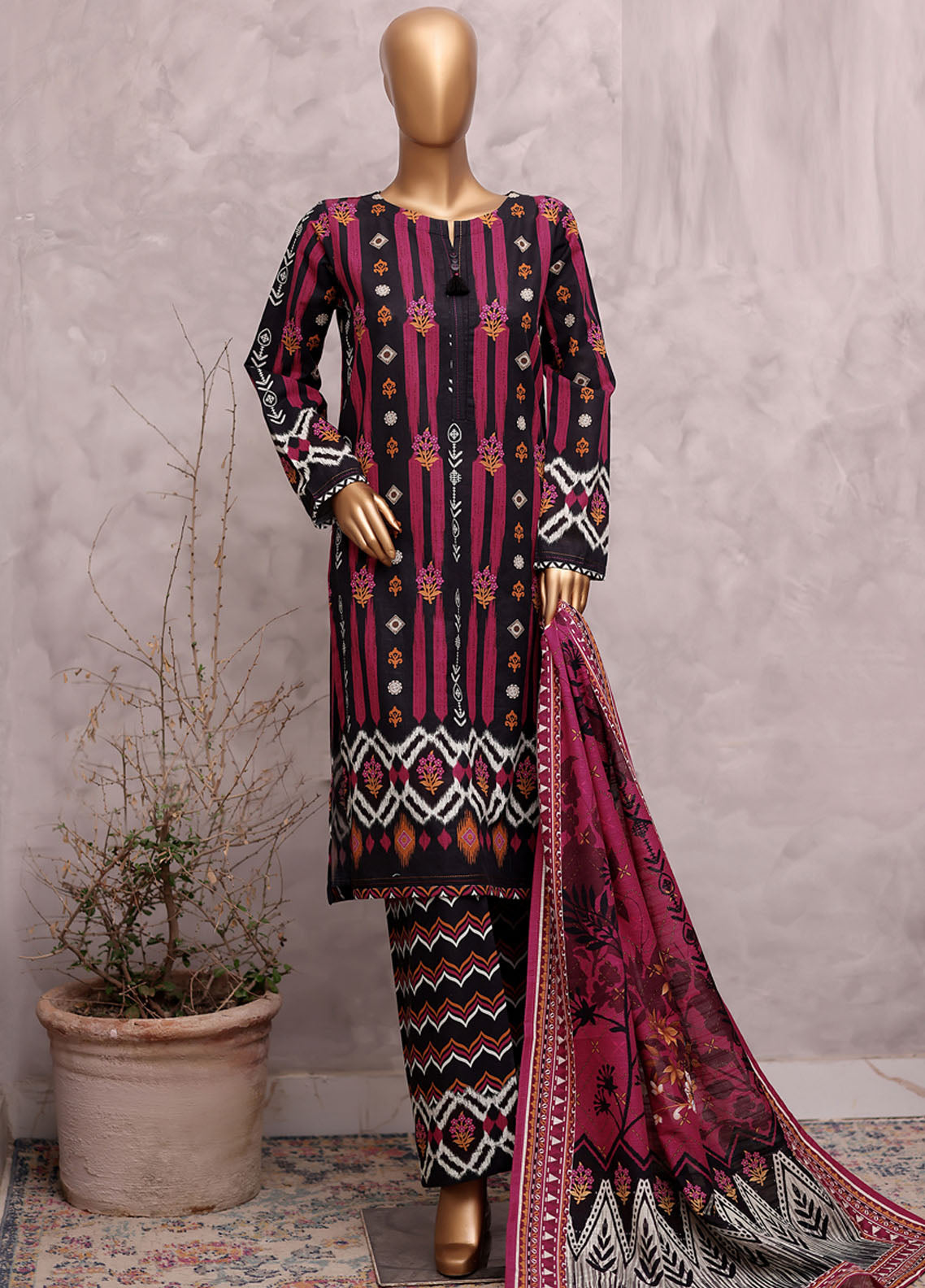 HZ Textile Printed Khaddar 3 Piece Stitched Suit HZ25KPV2 D-2580 BLACK MULTI
