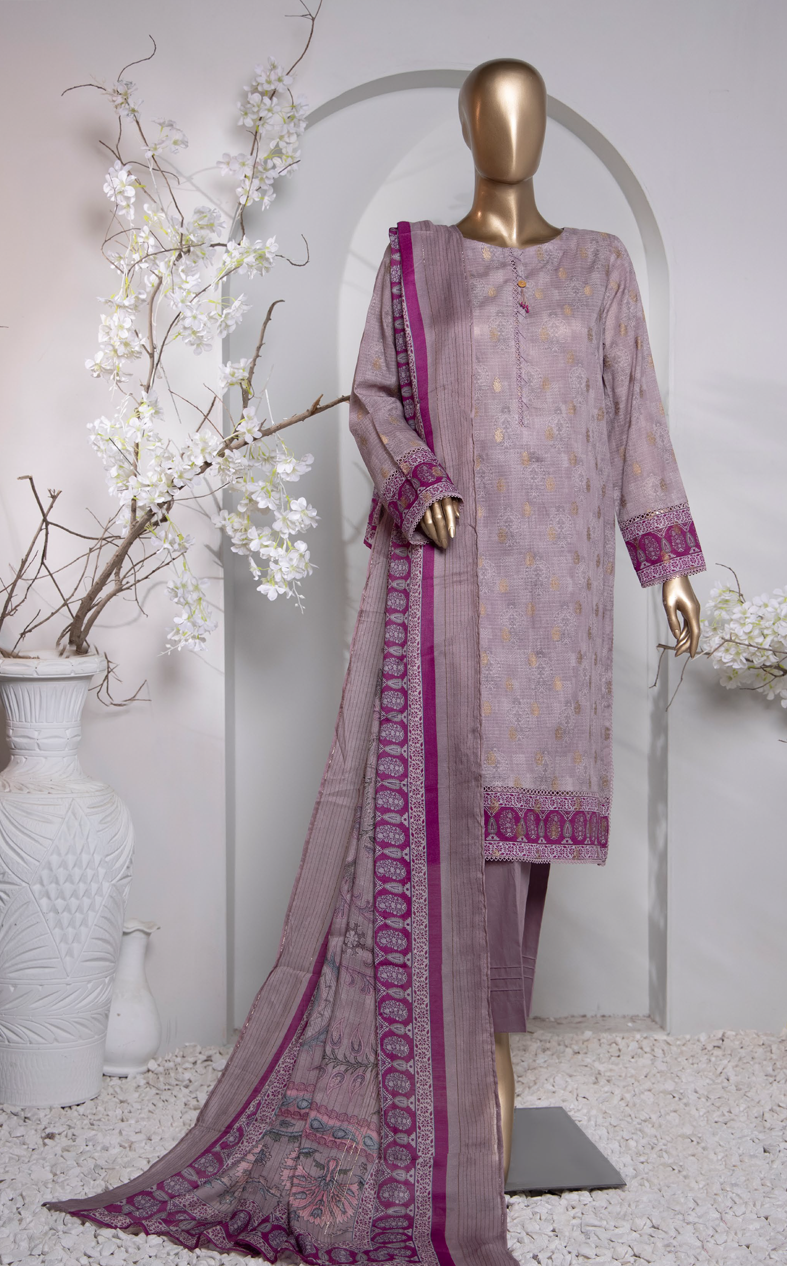HZ Textile Turkish Jacquard Printed 3 Piece Unstitched Suit HZ24T TJP-1032