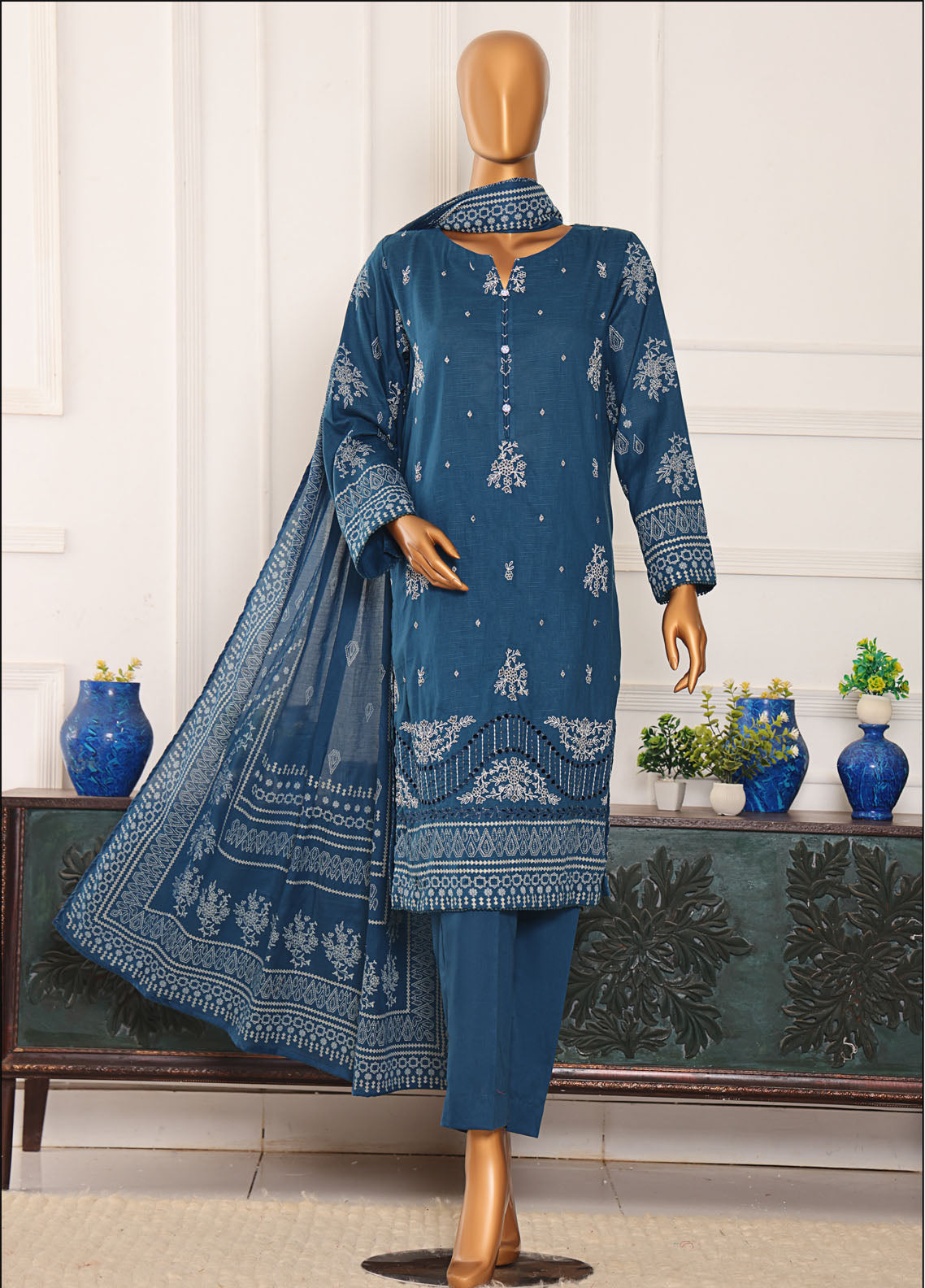 HZ Textiles Embroidered Slub Cotton 3 Piece Unstitched Suit HZ25EMS EMC-37