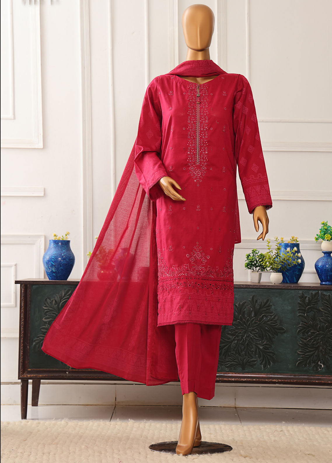 HZ Textiles Embroidered Slub Cotton 3 Piece Unstitched Suit HZ25EMS EMC-39