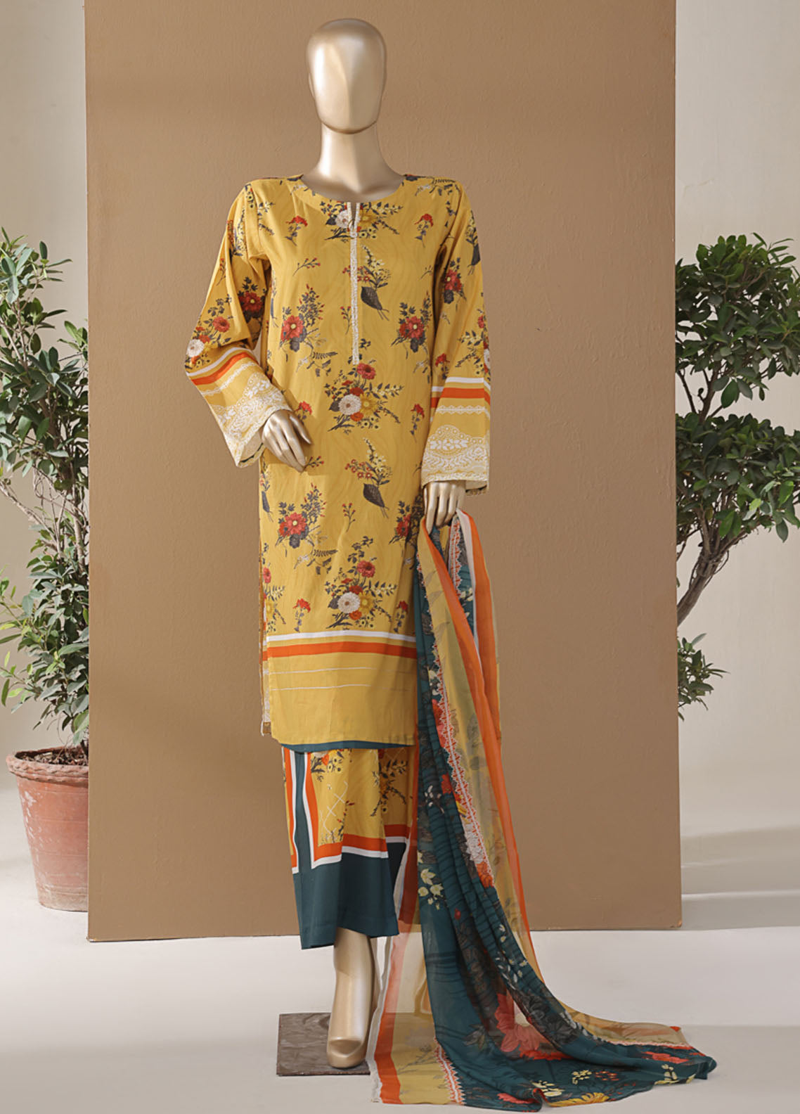 Intermix Art & Craft By HZ Textile Printed Cambric 3 Piece Stitched Suit HZ25IA&C ELP-536 MUSTARD GARDEN