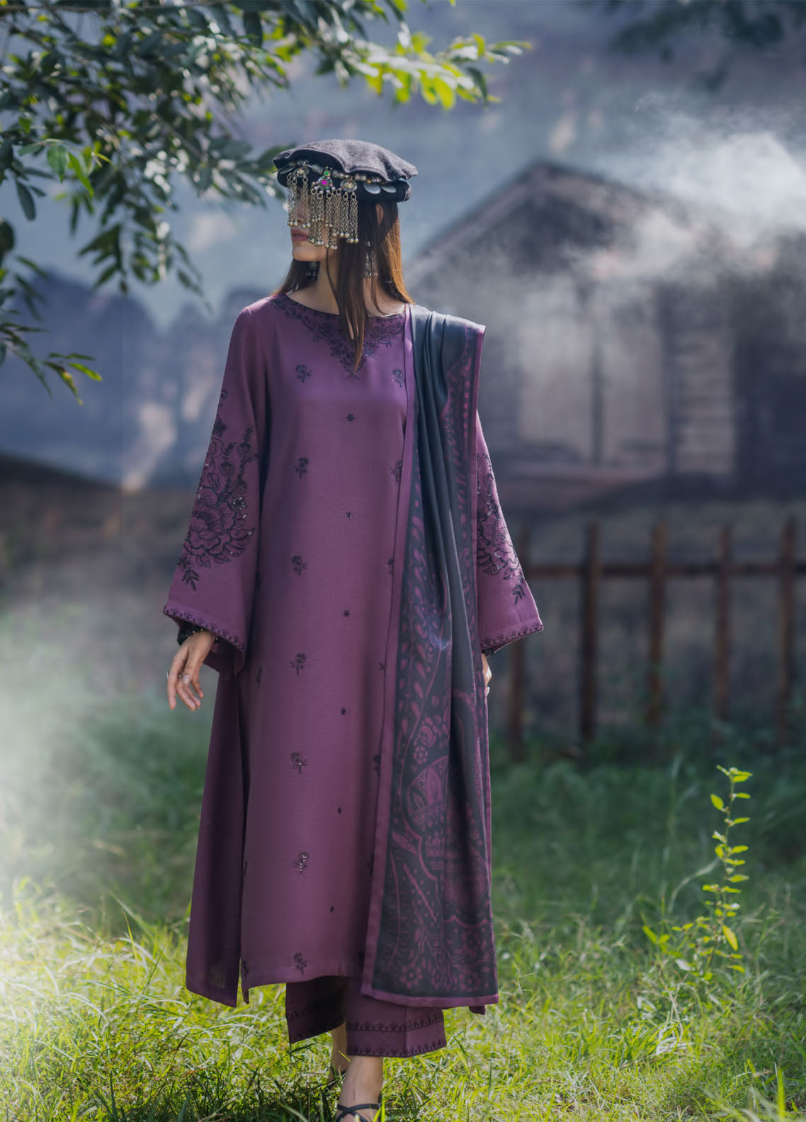 Khunki By Casual Lite Premium Embroidered Dhanak 3 Piece Stitched Suit CL25kWV1 D-01 PLUM SYMPHONY