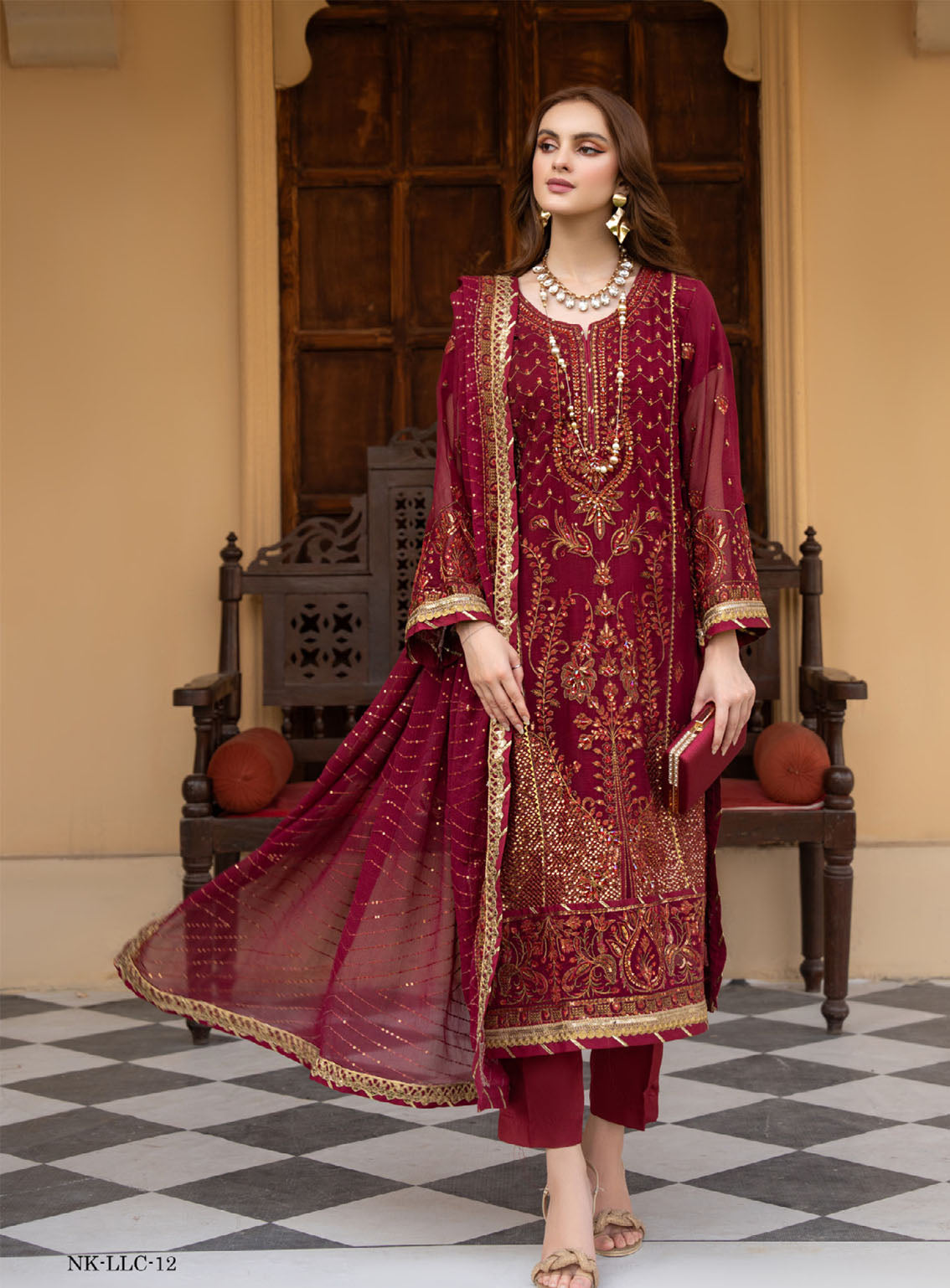 Lallaria By Noorma Kaamal Luxury Embroidered Chiffon 4 Piece Unstitched Suit NK24LV2 NK-LLC-12