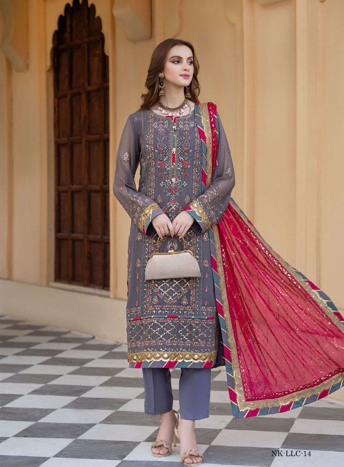 Lallaria By Noorma Kaamal Luxury Embroidered Chiffon 4 Piece Unstitched Suit NK24LV2 NK-LLC-14