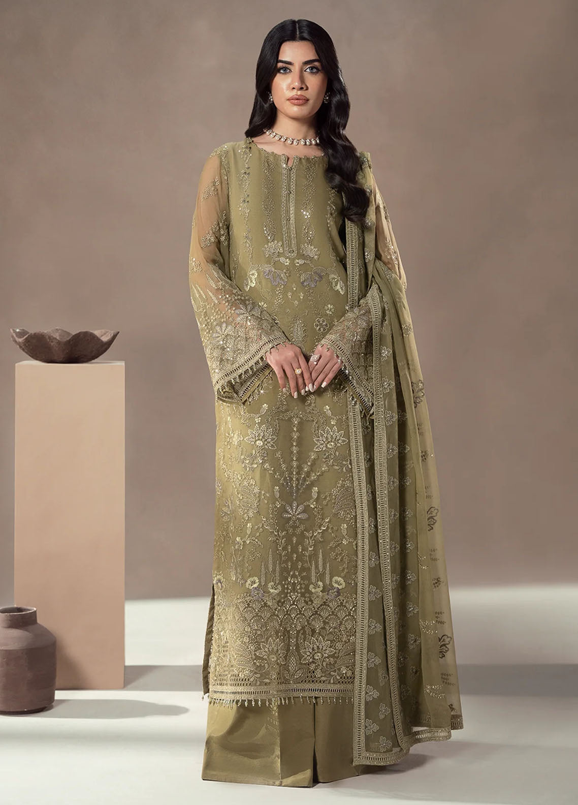 Lamisah By Lavish Premium Afsanah Embroidered Chiffon 3 Piece Unstitched Suit LP25LA D-05 SAGE EMPRESS