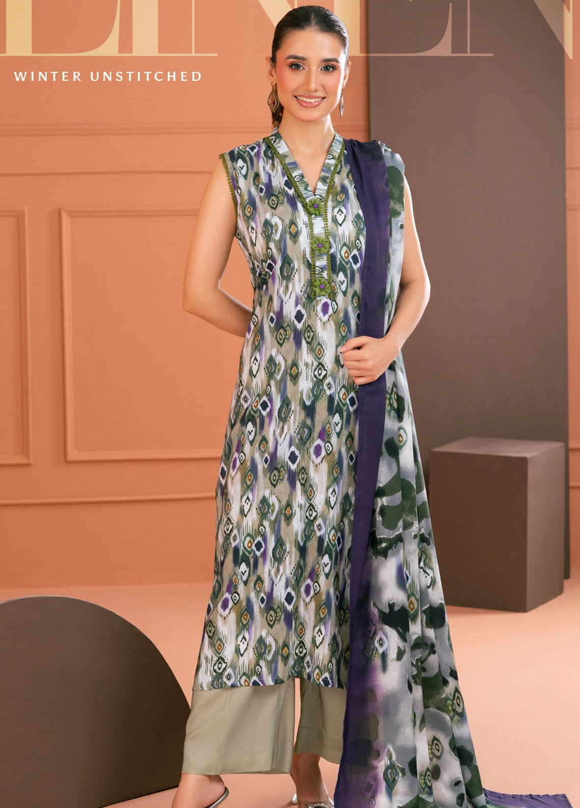 Linen Love By Gul Ahmed Printed Linen 3 Piece Unstitched Suit GA25LL D-LT-52030