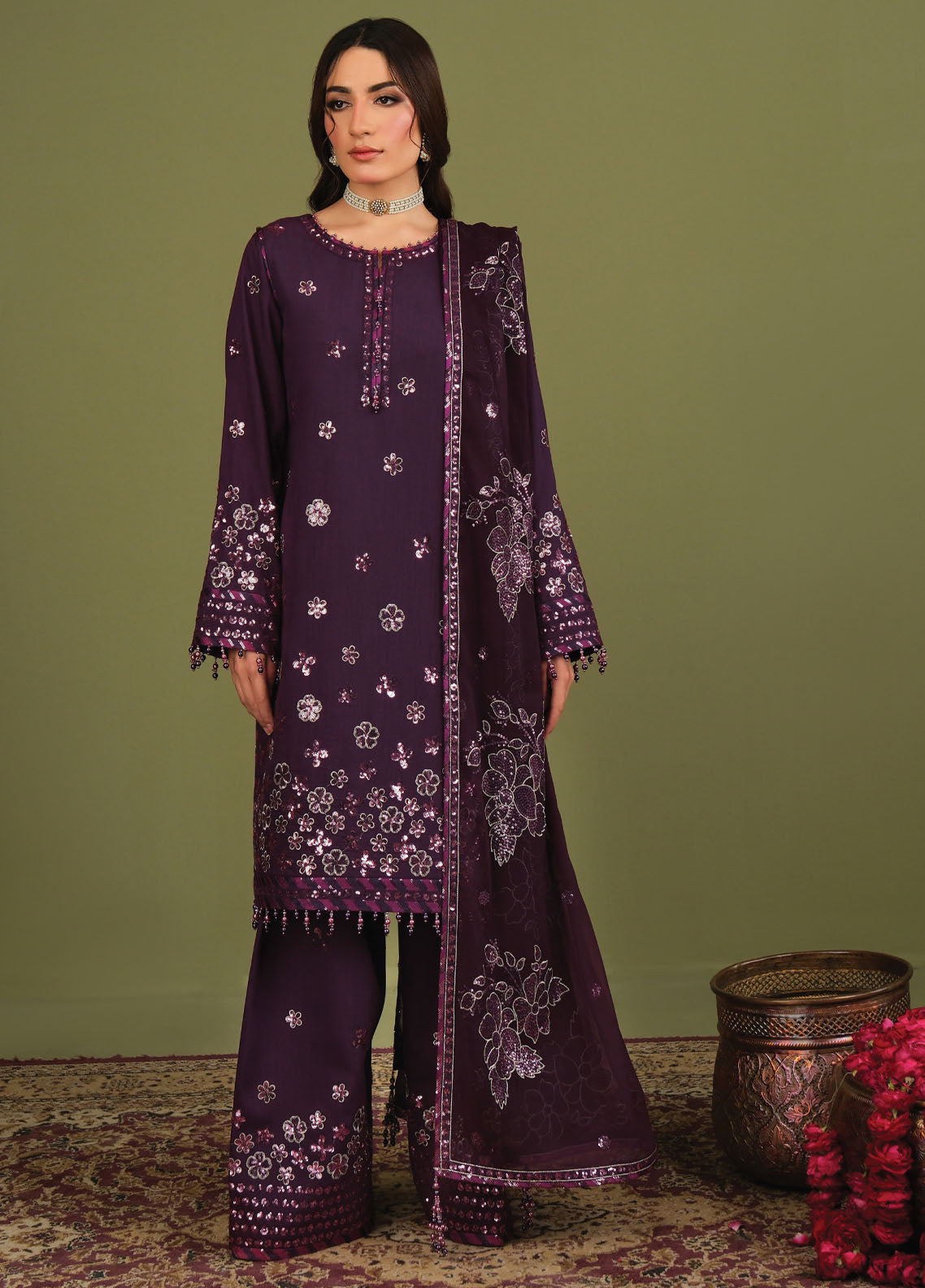 Luxe By Alizeh Fashion Embroidered Raw Silk 3 Piece Unstitched Suit AF26LRSV2 D-MULBERY