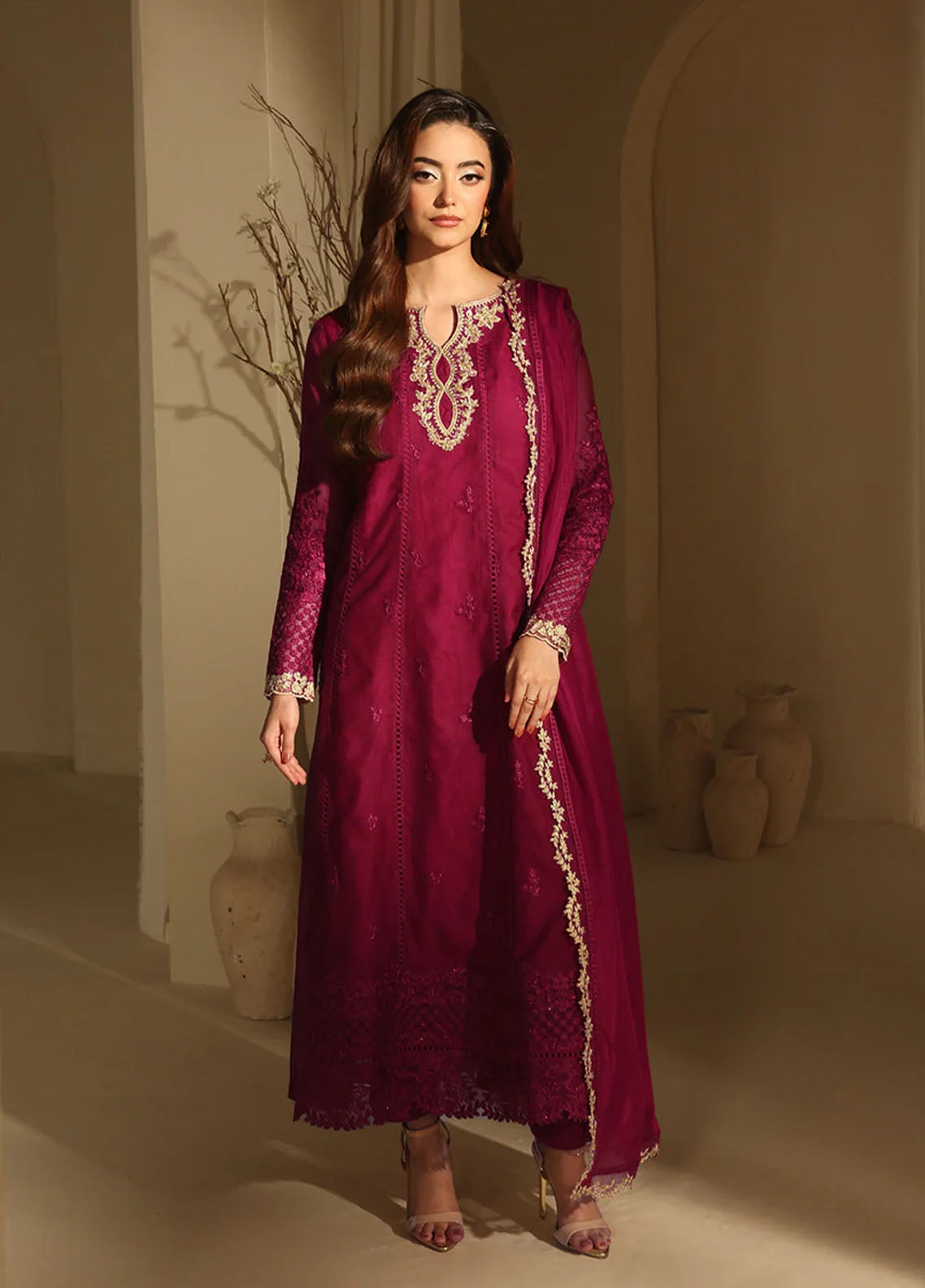 Luxè By Azure Embroidered Khaddi Net 3 Piece Unstitched Suit AZU25L D-BERRY ROYALE