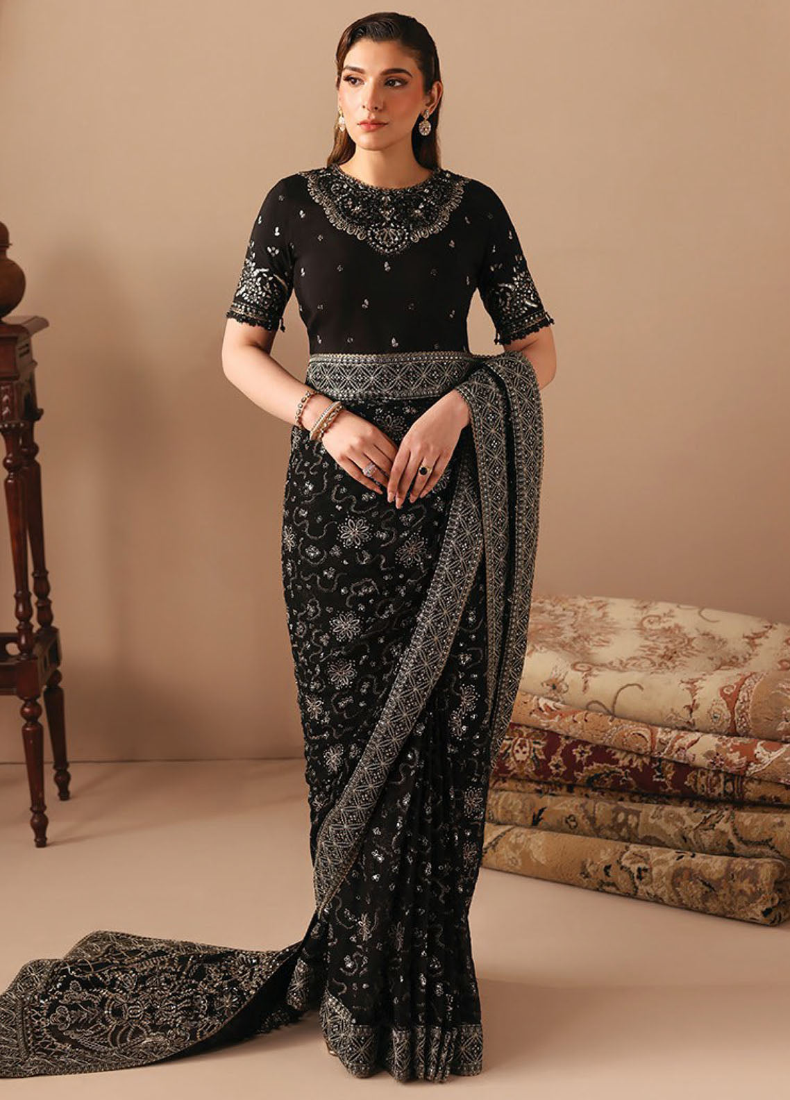 Neorah By Xenia Luxury Embroidered Chiffon Unstitched Saree XE26NL D-10 QAILAH