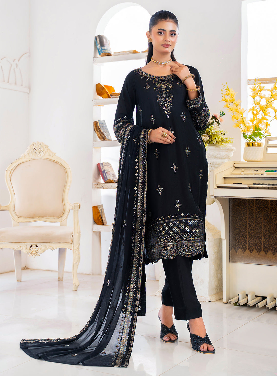 Raad Luxury Formal Embroidered Raw Silk 3 Piece Stitched Suit RD26LF RA-24 BK SIYAH GUL